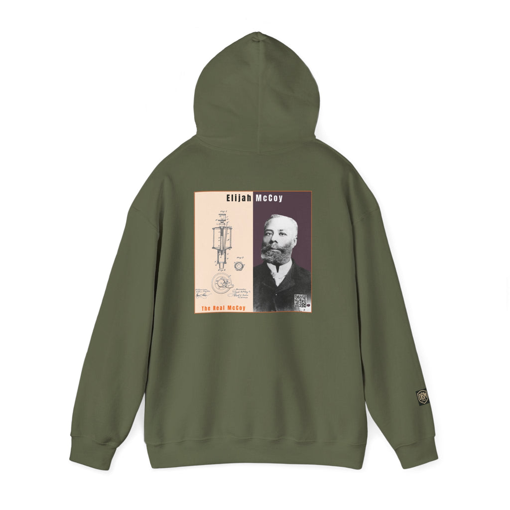 Defend Black Memories: Elijah McCoy Historical Black Portrait Big Back Logo Hoodie
