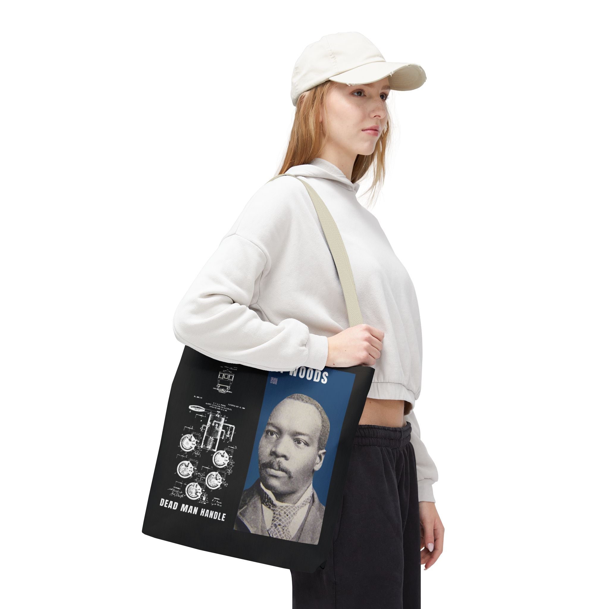 Granville T. Woods Historical Portrait Black Tote Bag (Trans/Dark Cerulean Block)