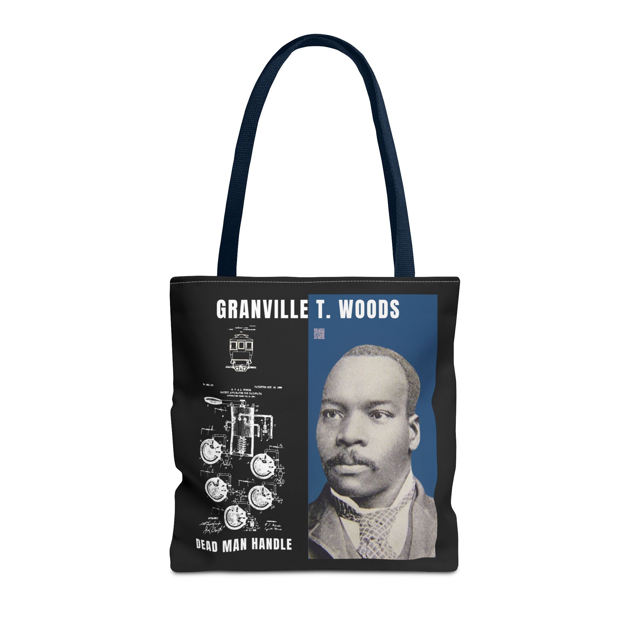 Granville T. Woods Historical Portrait Black Tote Bag (Trans/Dark Cerulean Block)