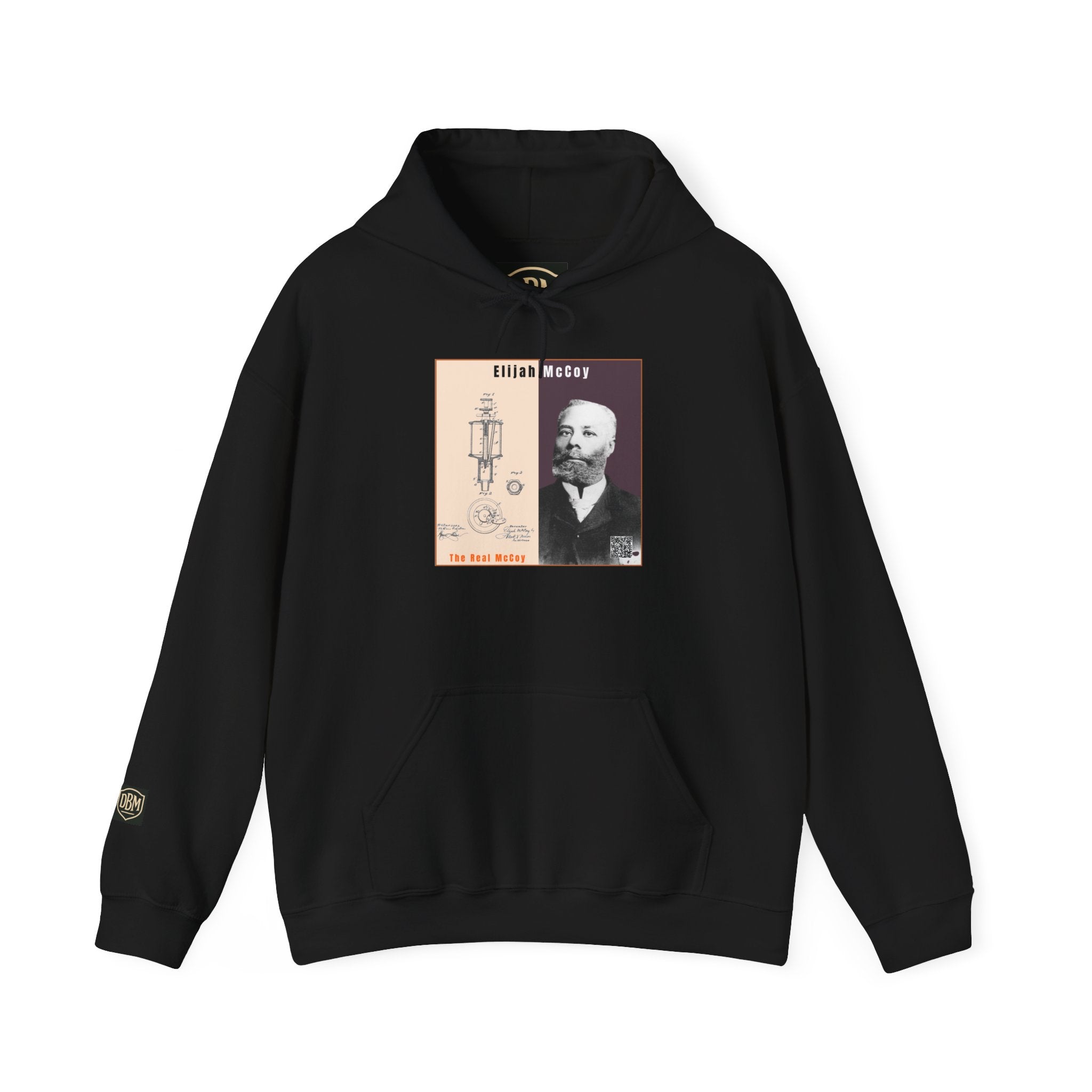 Defend Black Memories: Elijah McCoy Historical Black Portrait Big Back Logo Hoodie