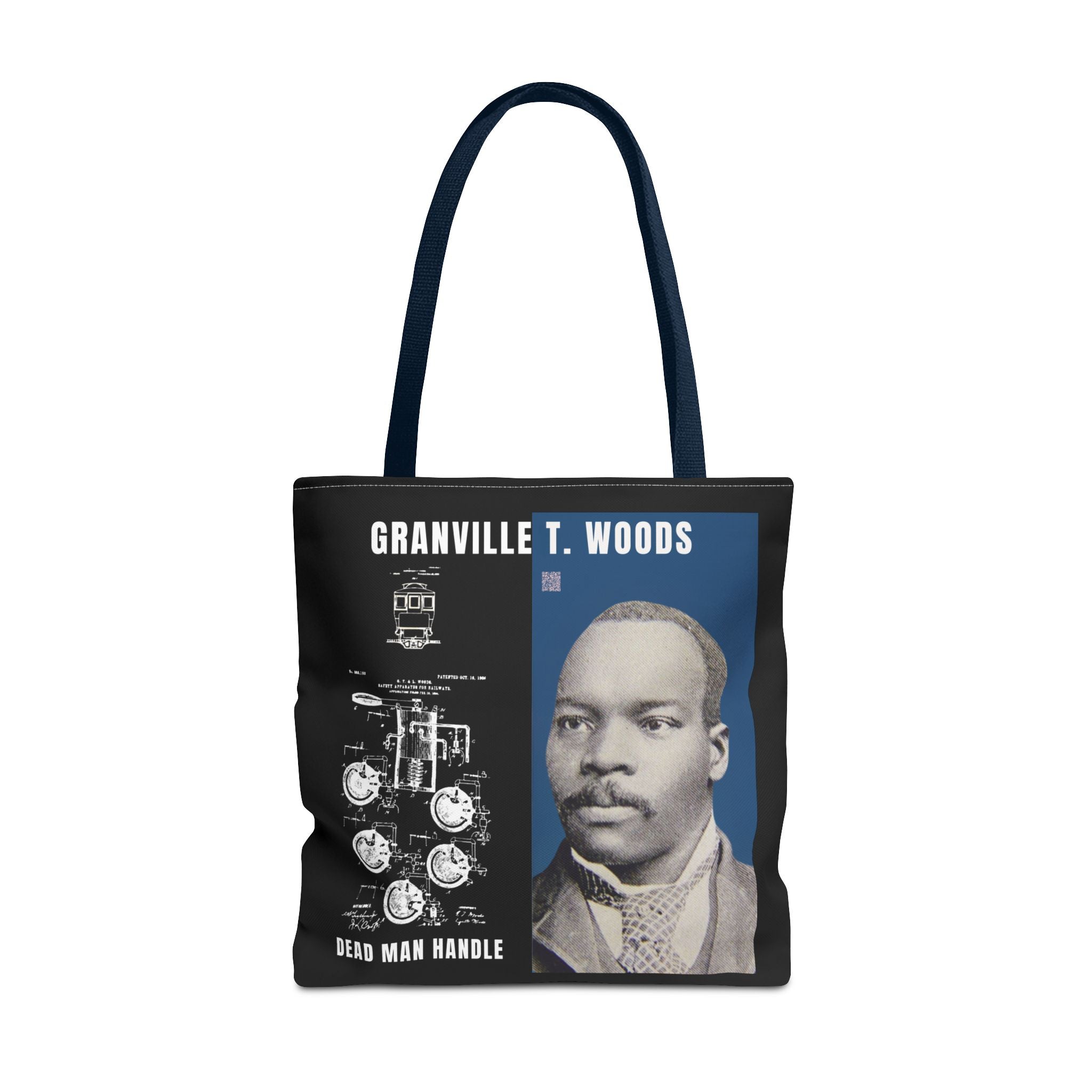 Granville T. Woods Historical Portrait Black Tote Bag (Trans/Dark Cerulean Block)