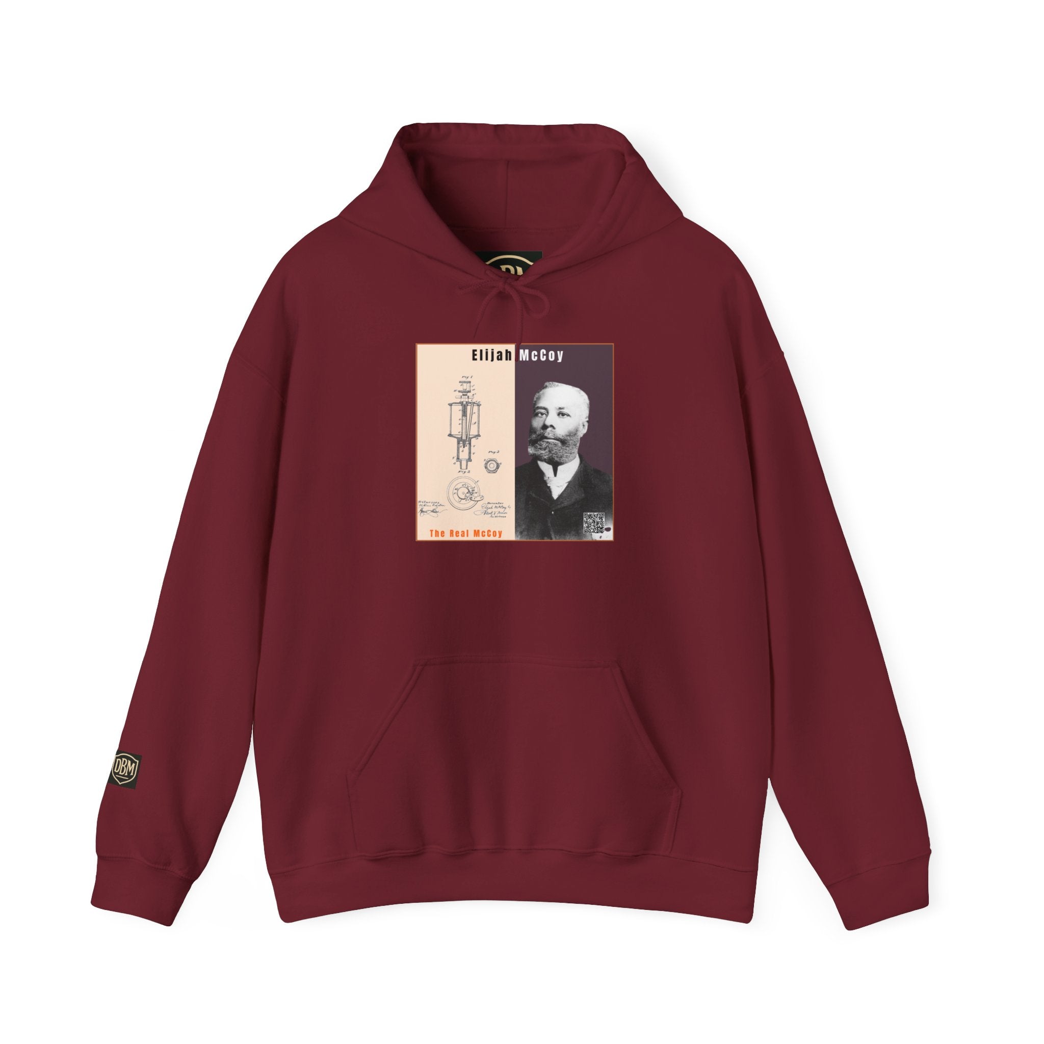 Defend Black Memories: Elijah McCoy Historical Black Portrait Big Back Logo Hoodie