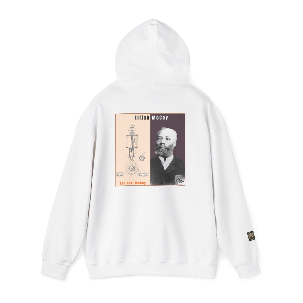 Defend Black Memories: Elijah McCoy Historical Black Portrait Big Back Logo Hoodie
