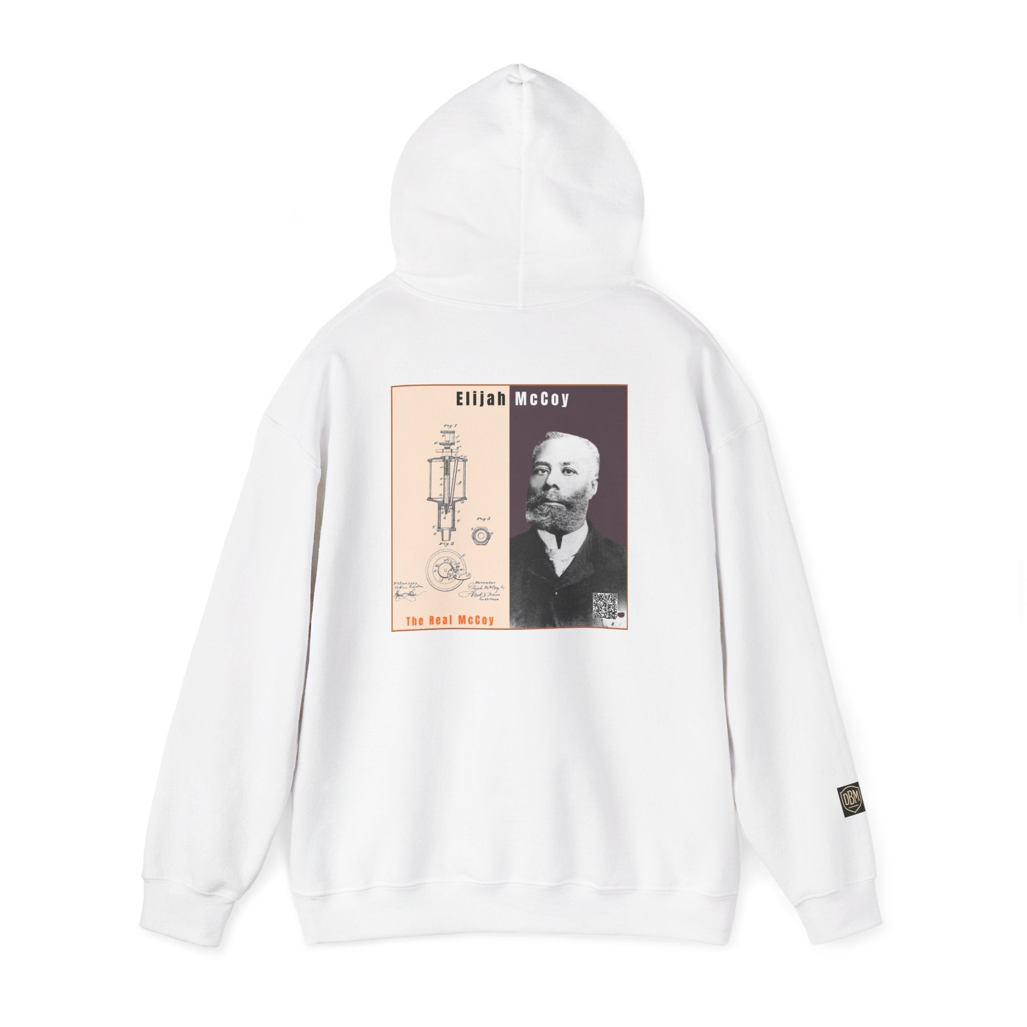 Defend Black Memories: Elijah McCoy Historical Black Portrait Big Back Logo Hoodie