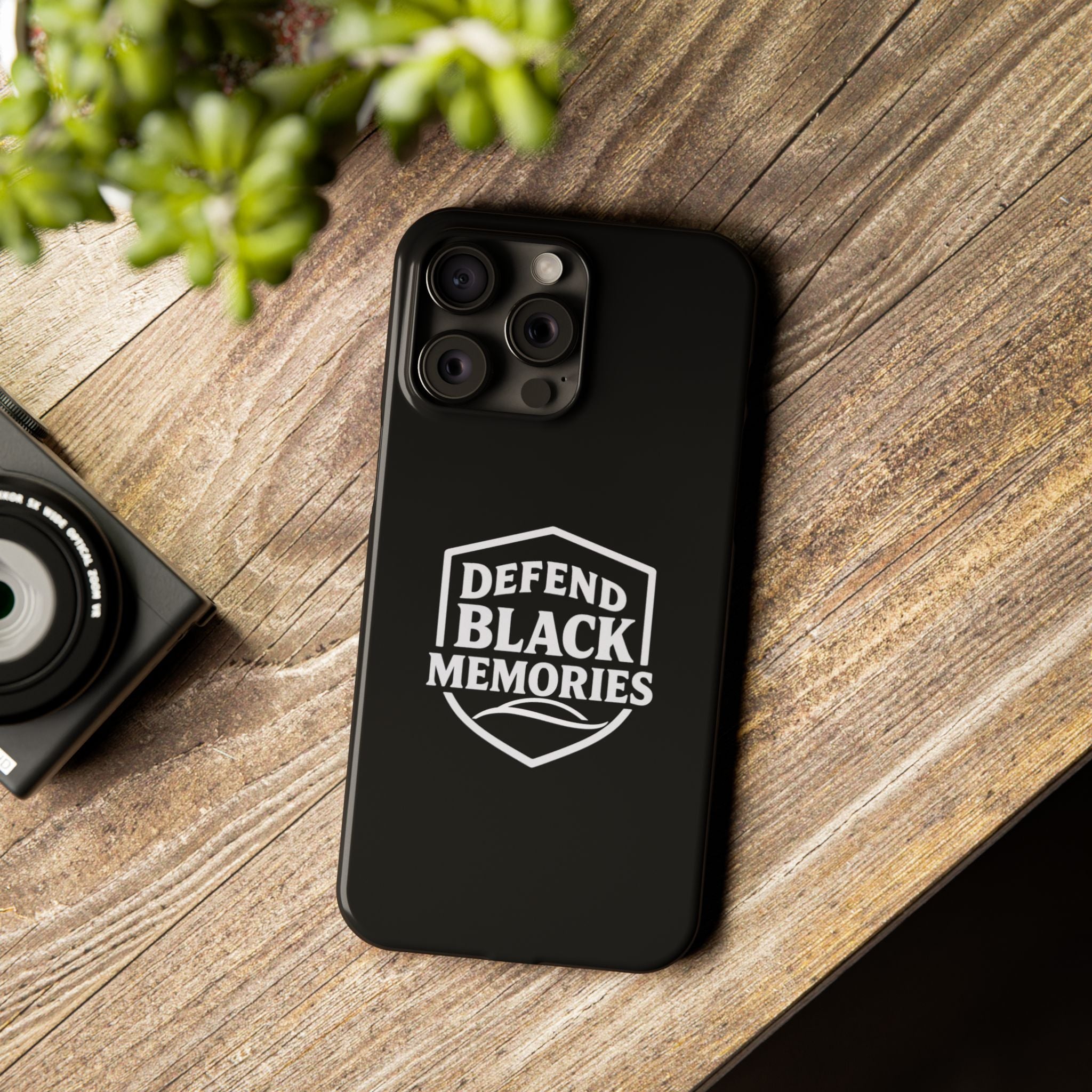 Defend Black Memories Slim Phone Case — Black Shield Typography Protective Cover