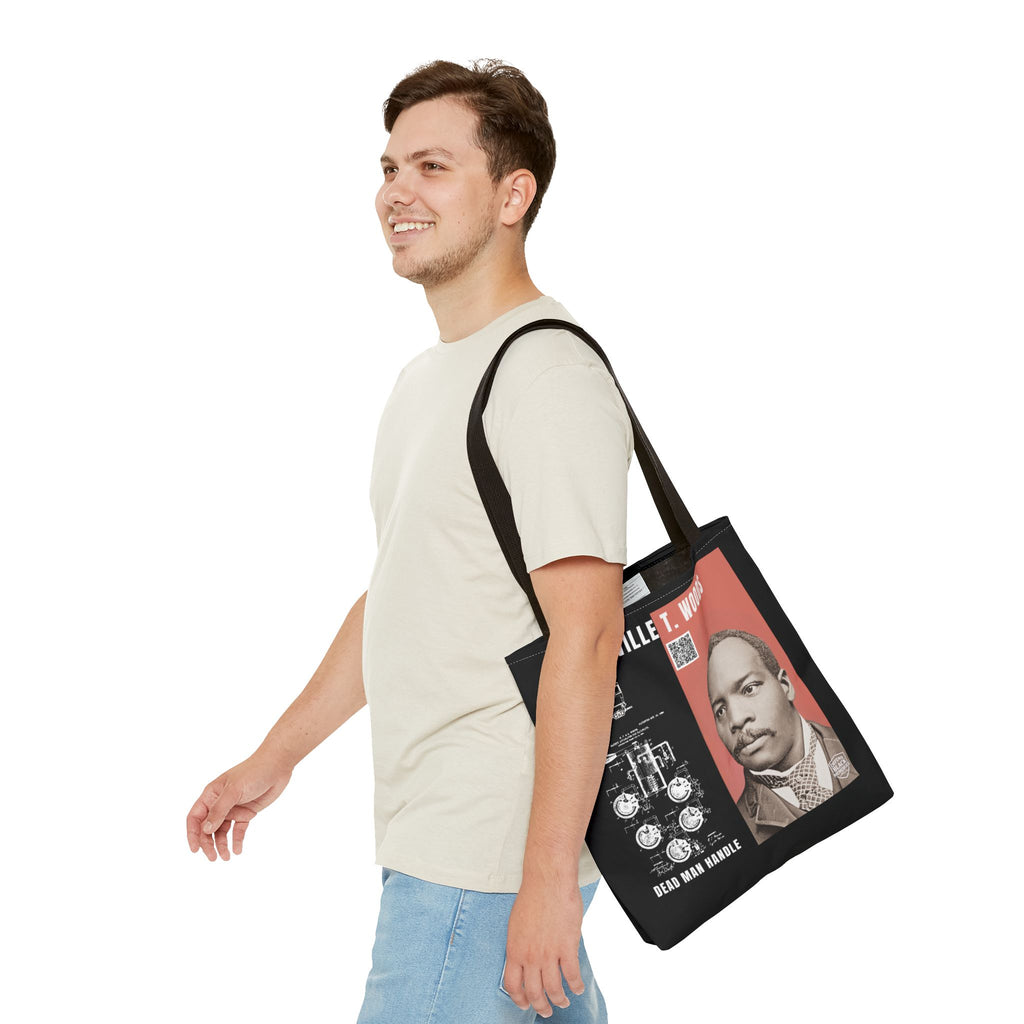 Granville T. Woods Historical Portrait Black Tote Bag (Trans/Dark Cerulean Block)