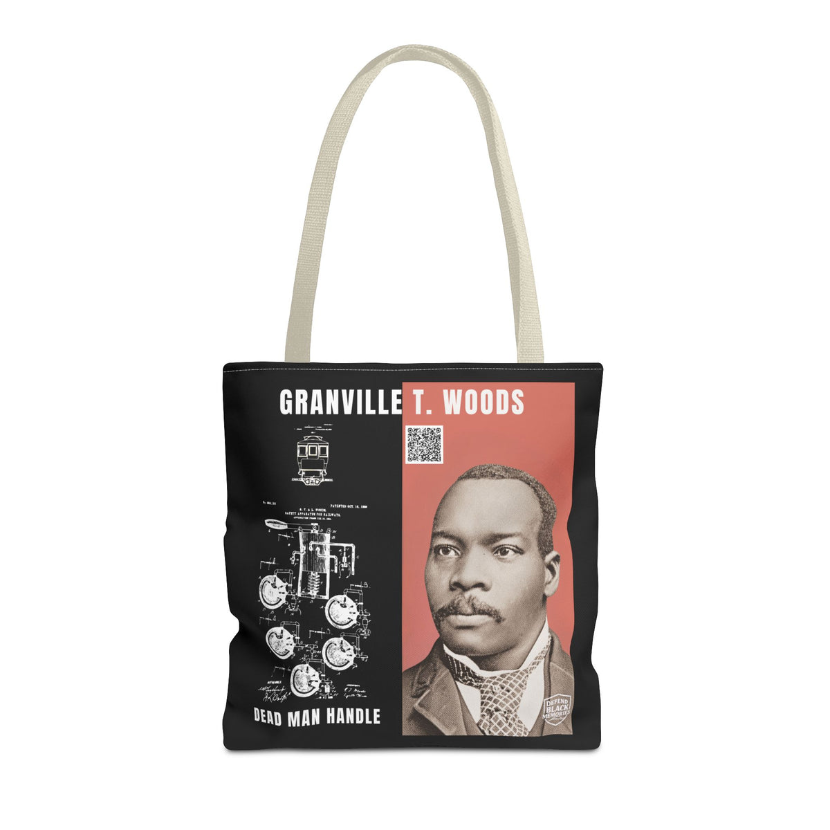 Granville T. Woods Historical Portrait Black Tote Bag (Trans/Dark Cerulean Block)