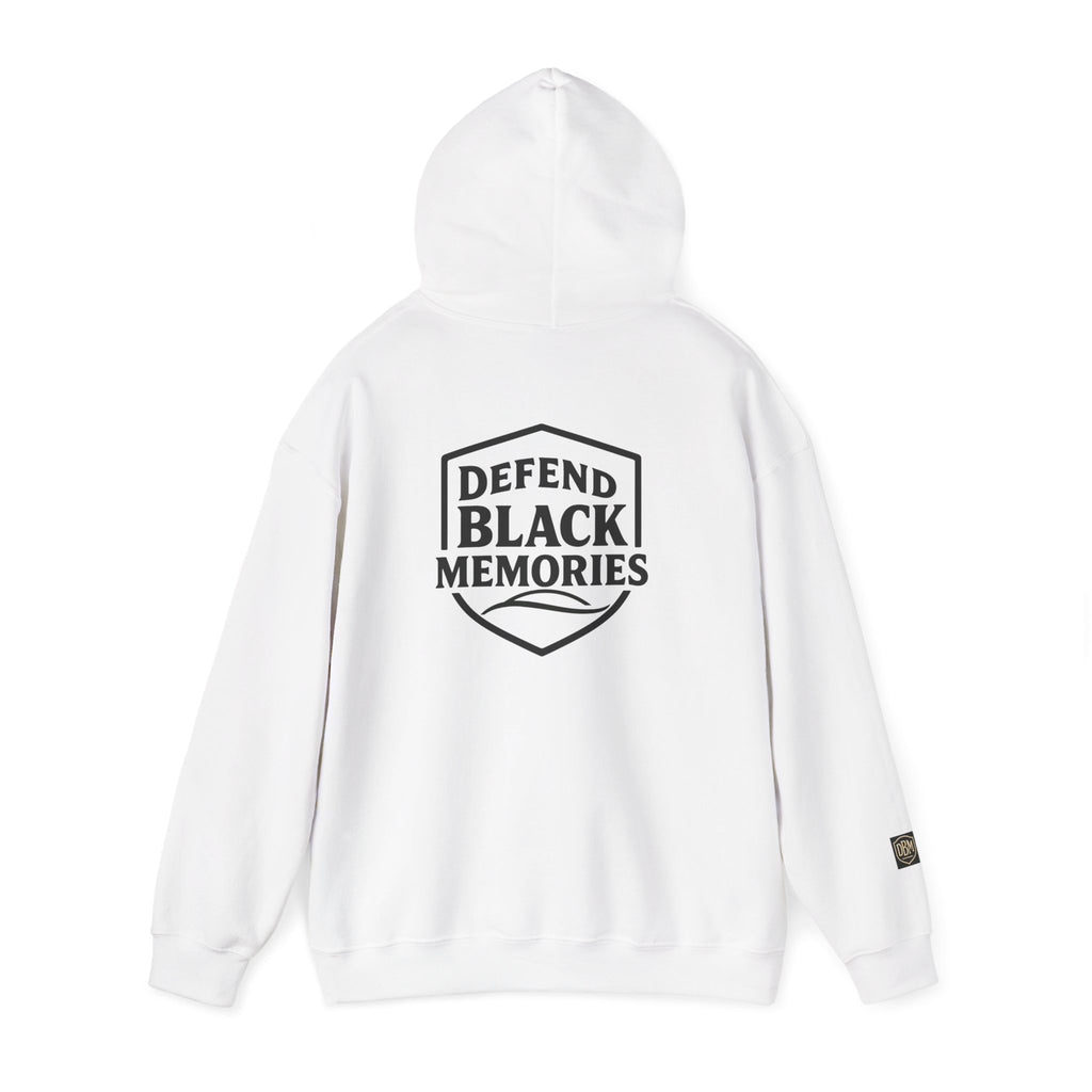 Defend Black Memories: Elijah McCoy Historical Black Portrait Big Back Logo Hoodie