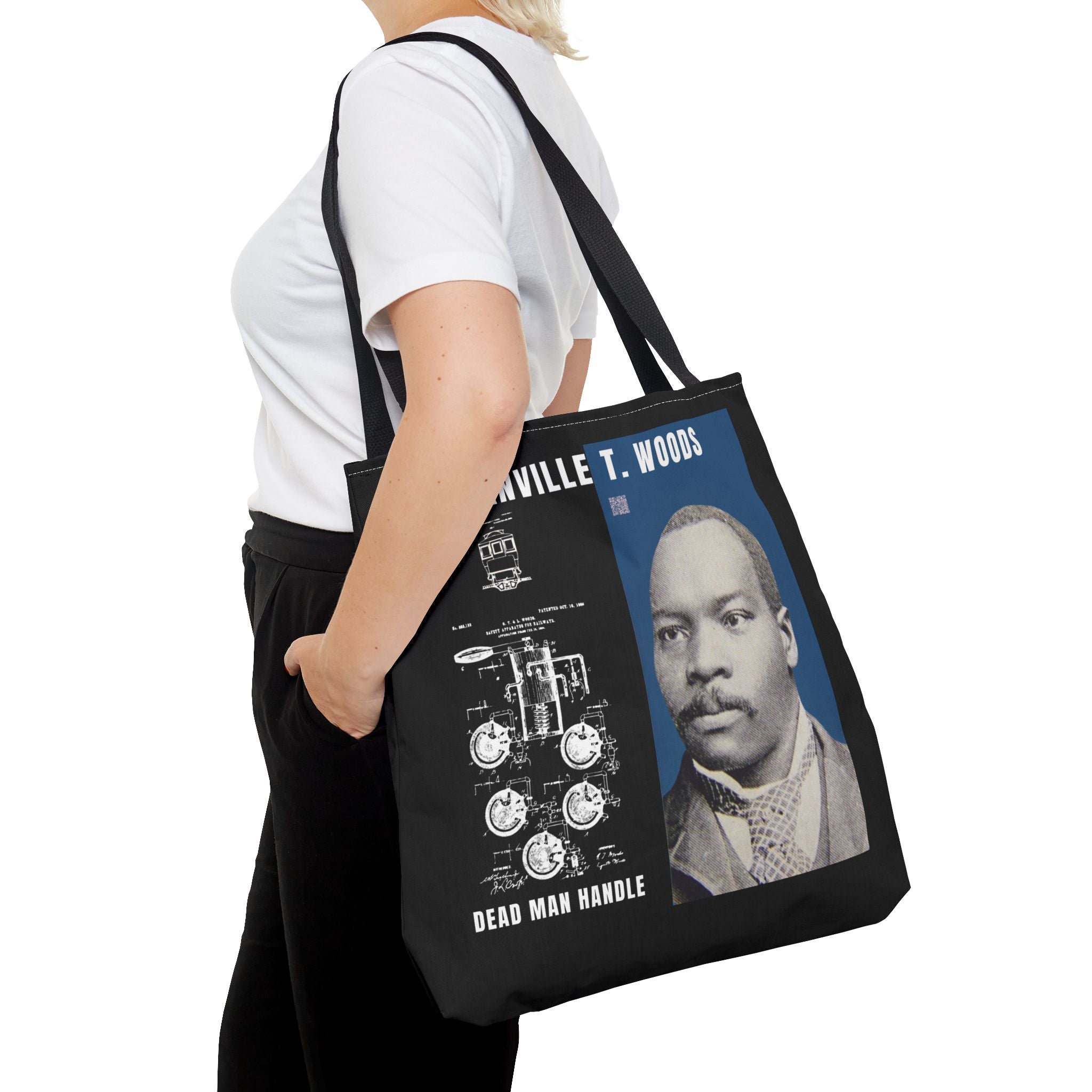 Granville T. Woods Historical Portrait Black Tote Bag (Trans/Dark Cerulean Block)