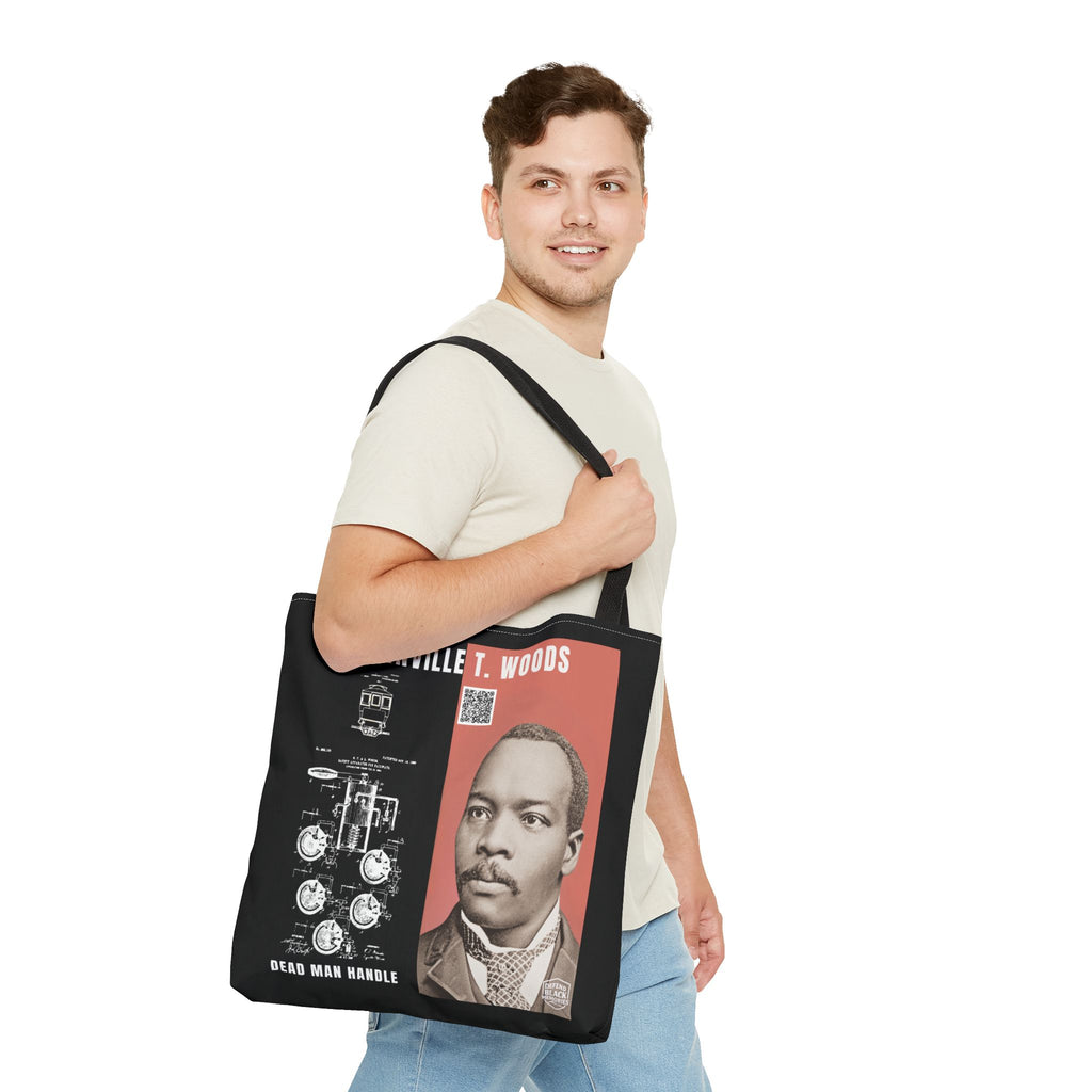 Granville T. Woods Historical Portrait Black Tote Bag (Trans/Dark Cerulean Block)