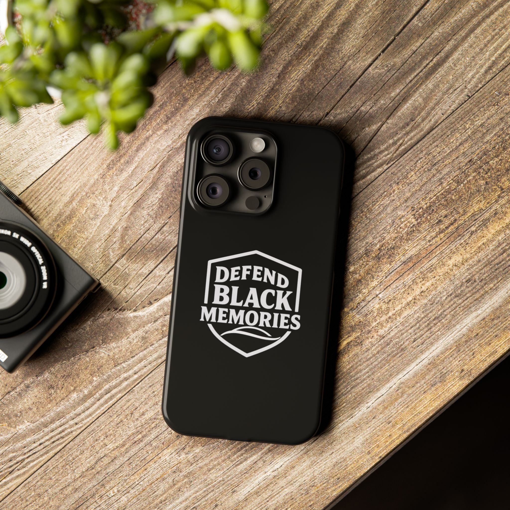 Defend Black Memories Slim Phone Case — Black Shield Typography Protective Cover
