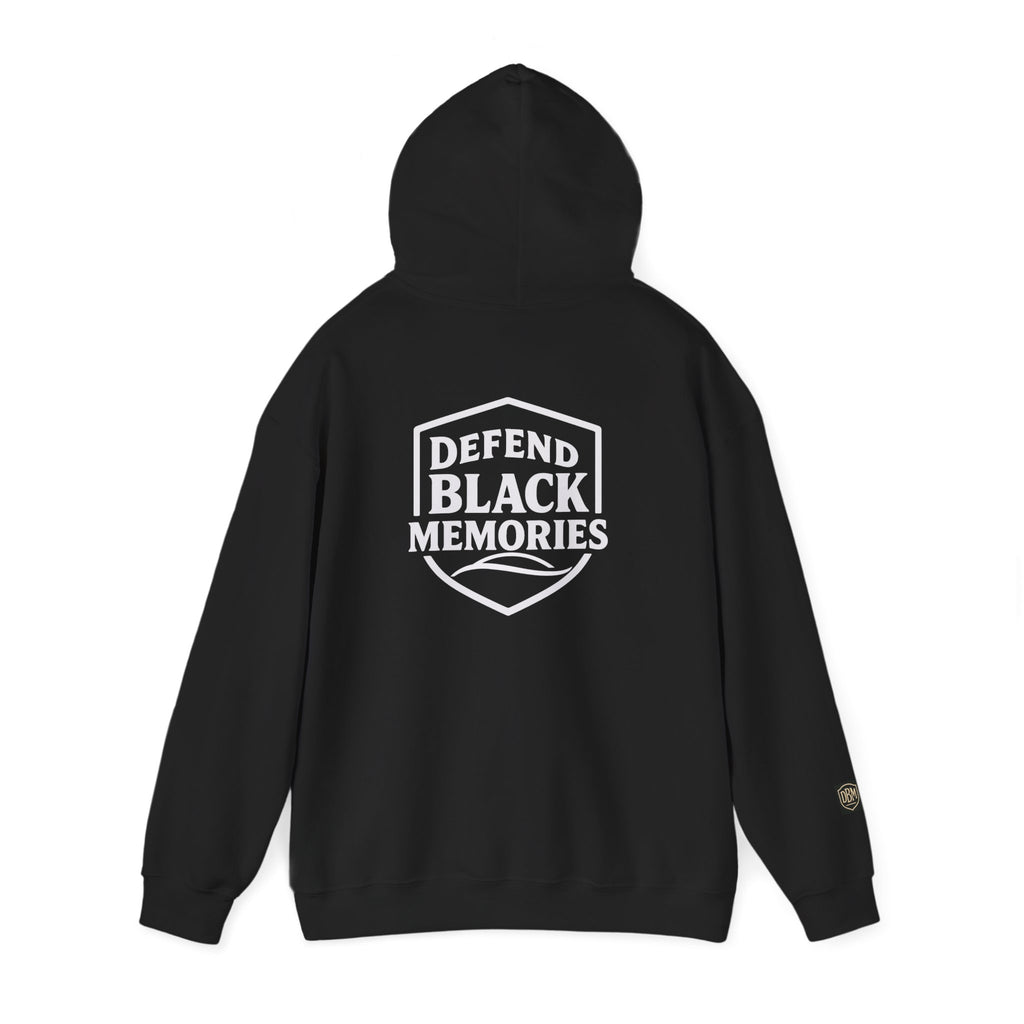 Defend Black Memories: Elijah McCoy Historical Black Portrait Big Back Logo Hoodie
