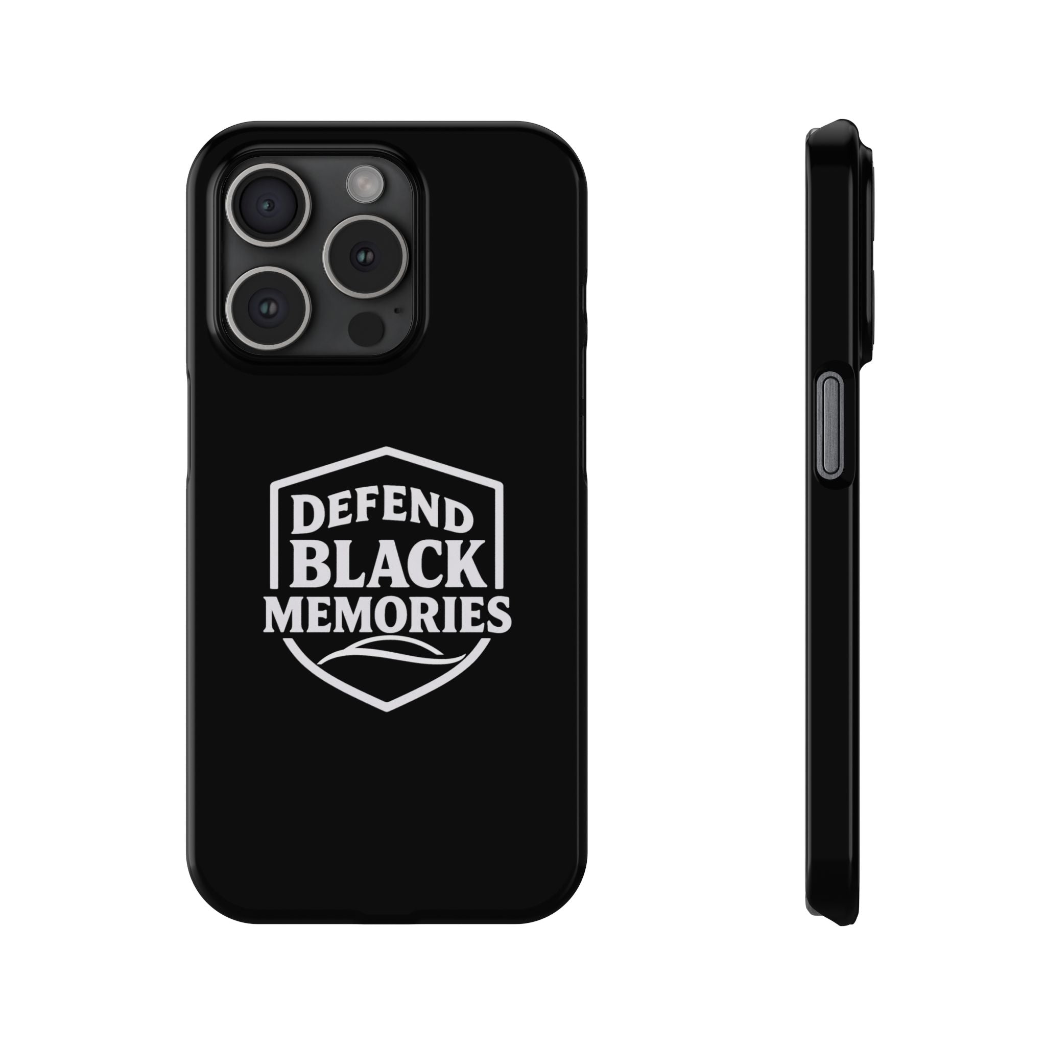 Defend Black Memories Slim Phone Case — Black Shield Typography Protective Cover