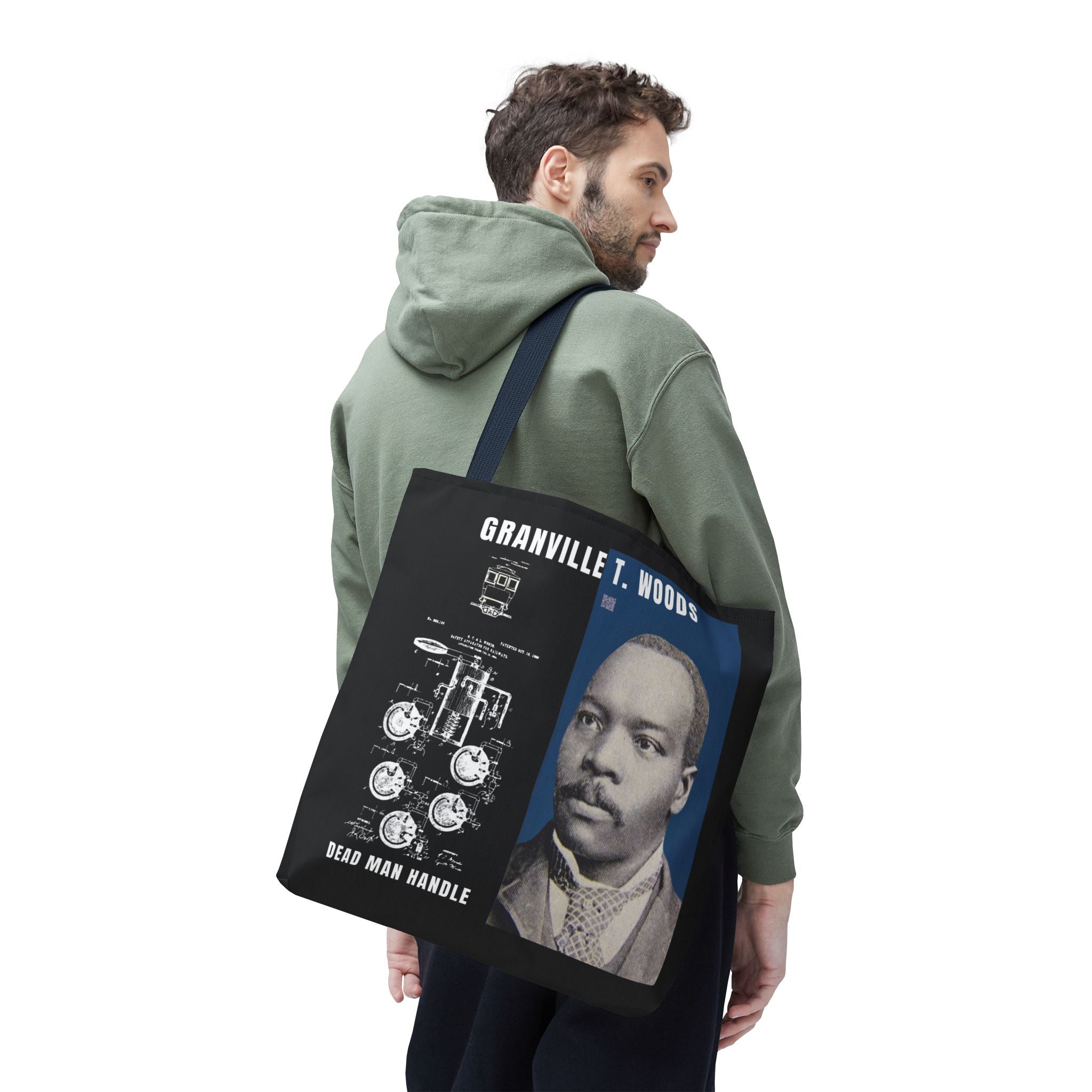 Granville T. Woods Historical Portrait Black Tote Bag (Trans/Dark Cerulean Block)