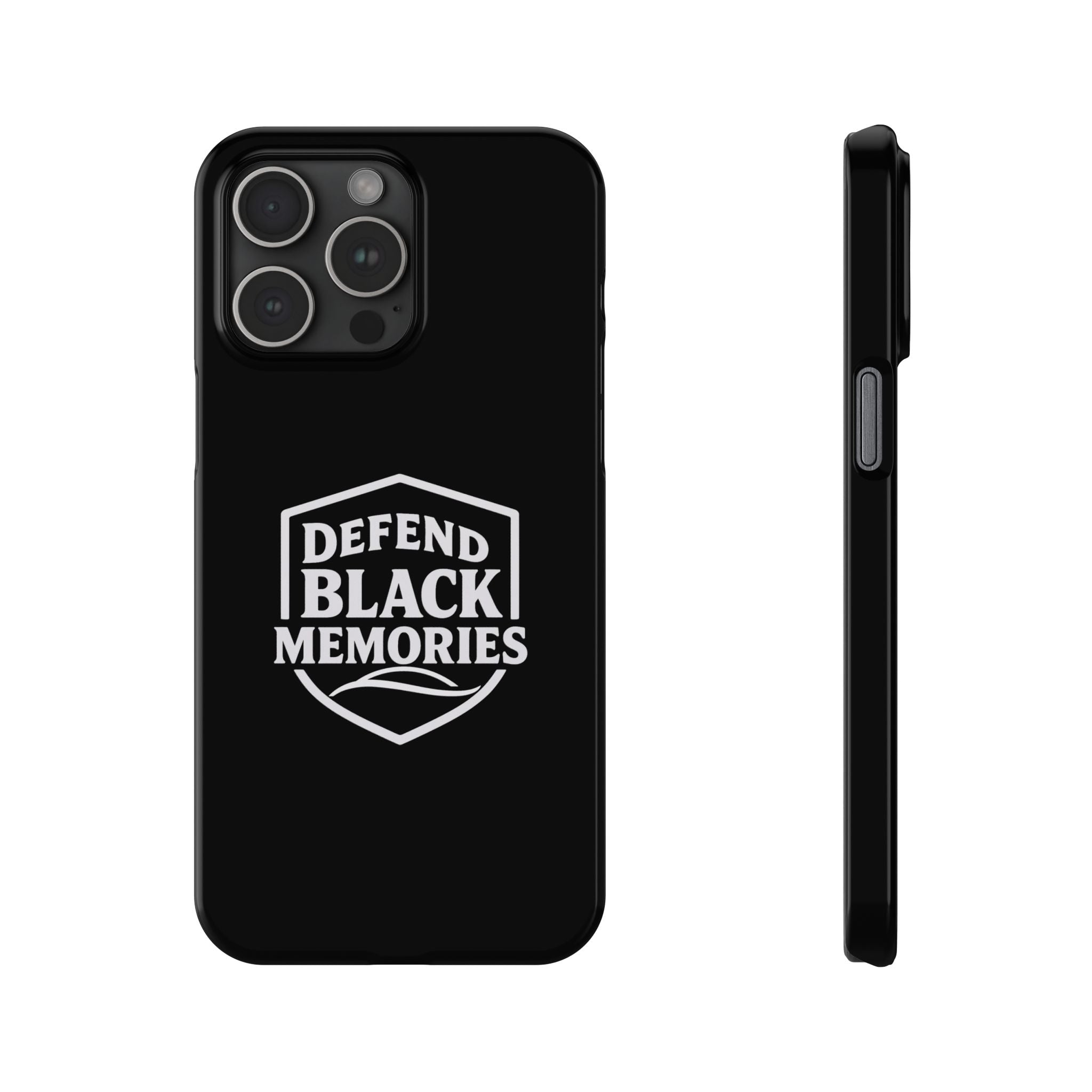 Defend Black Memories Slim Phone Case — Black Shield Typography Protective Cover