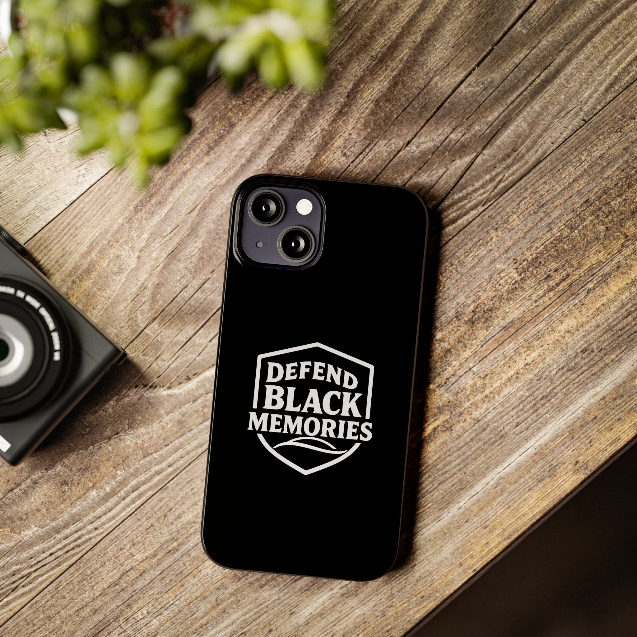 Defend Black Memories Slim Phone Case — Black Shield Typography Protective Cover