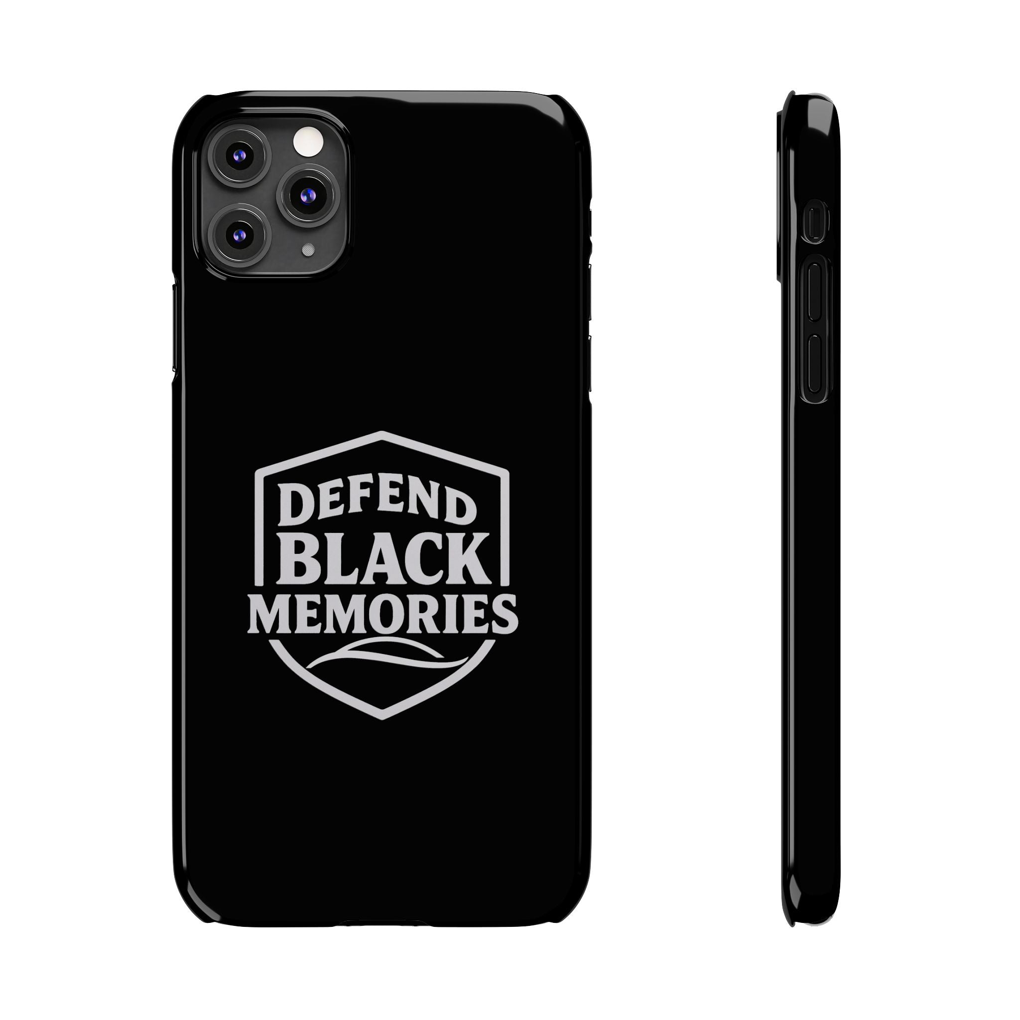 Defend Black Memories Slim Phone Case — Black Shield Typography Protective Cover