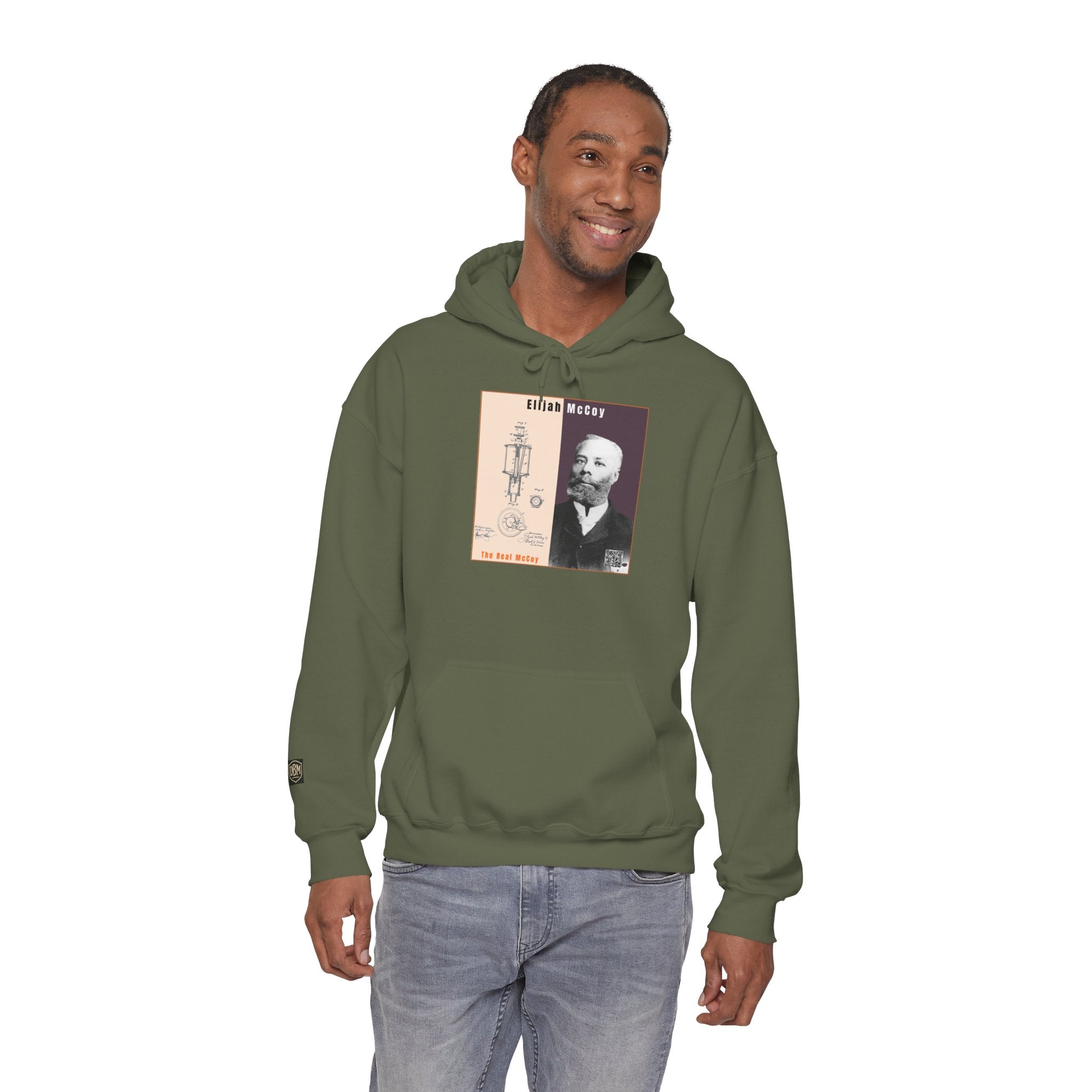 Defend Black Memories: Elijah McCoy Historical Black Portrait Big Back Logo Hoodie