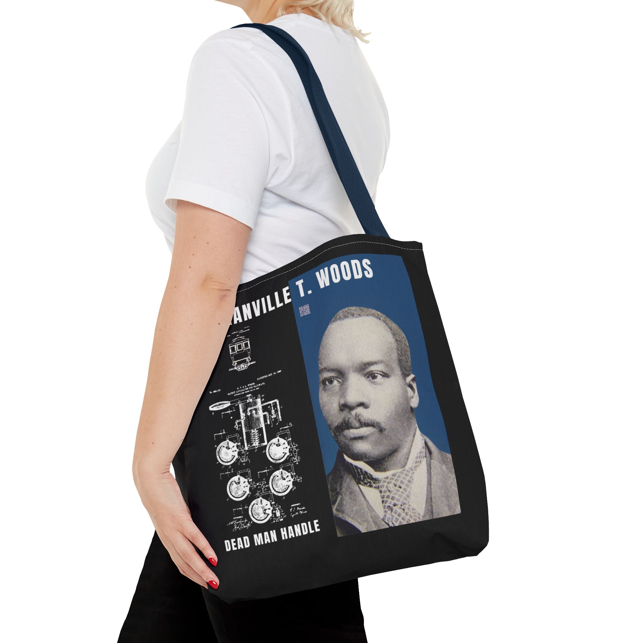Granville T. Woods Historical Portrait Black Tote Bag (Trans/Dark Cerulean Block)