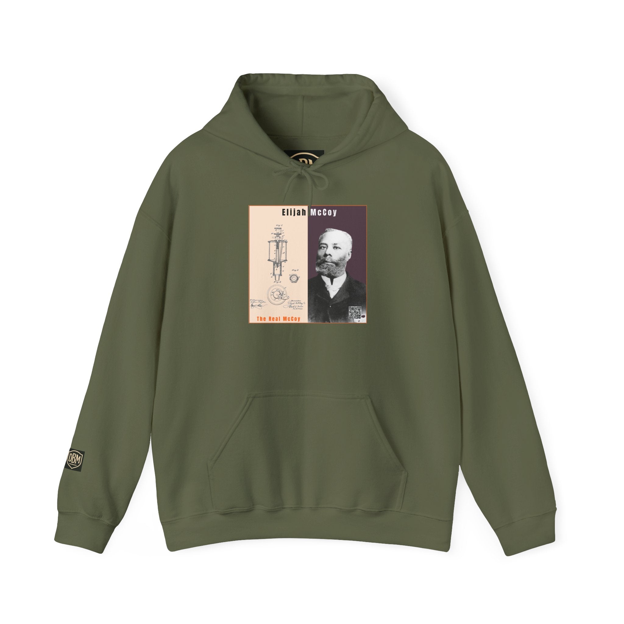 Defend Black Memories: Elijah McCoy Historical Black Portrait Big Back Logo Hoodie