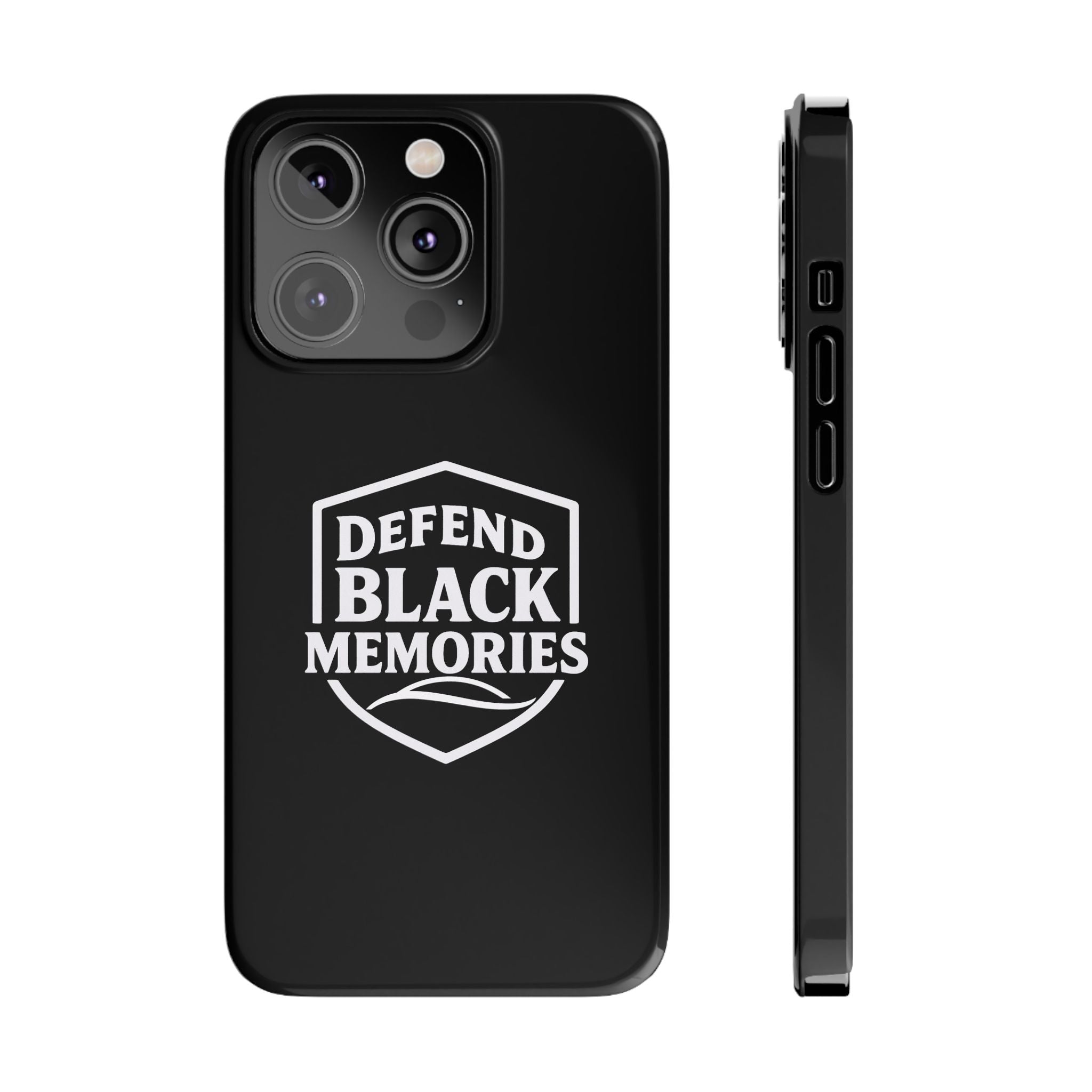 Defend Black Memories Slim Phone Case — Black Shield Typography Protective Cover