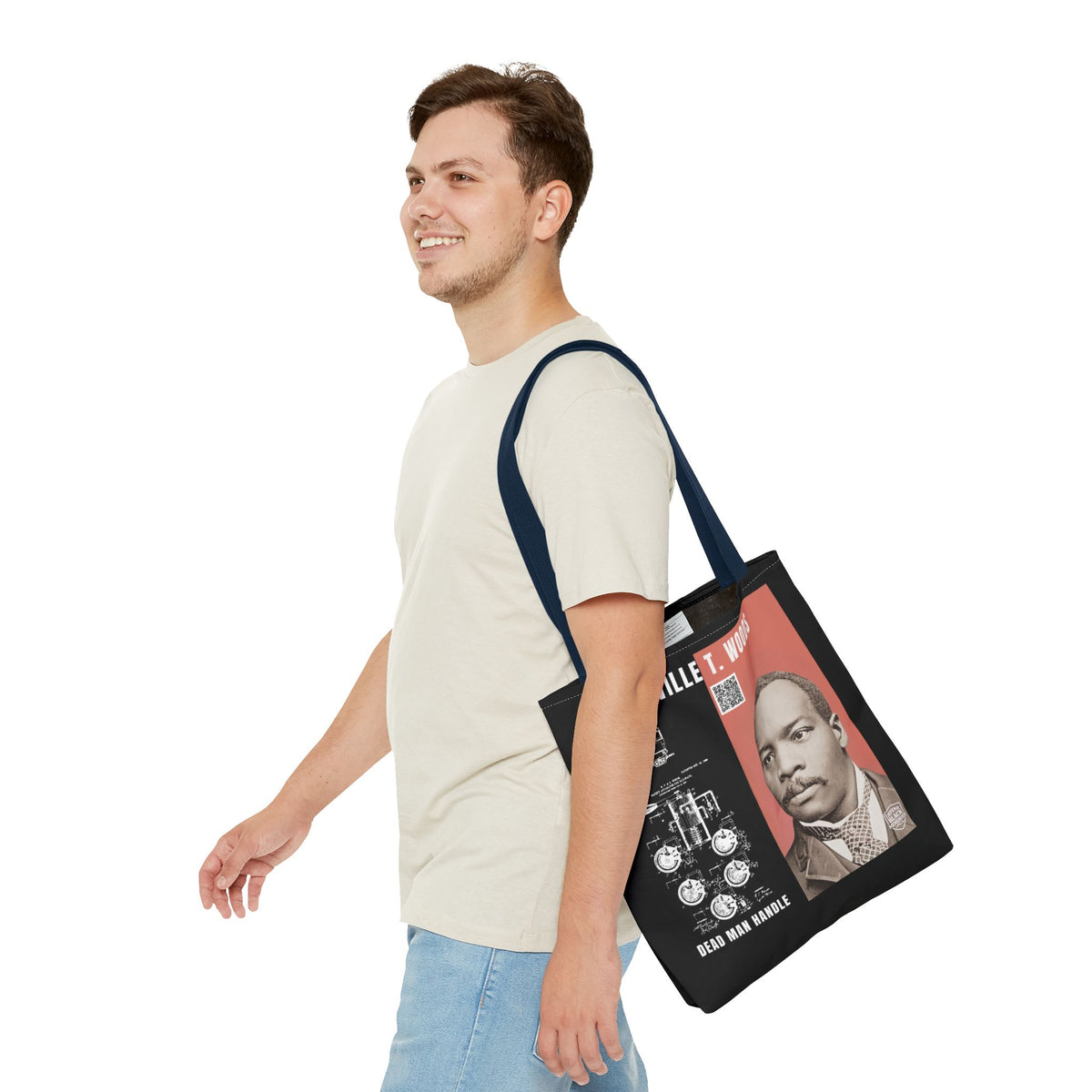 Granville T. Woods Historical Portrait Black Tote Bag (Trans/Dark Cerulean Block)