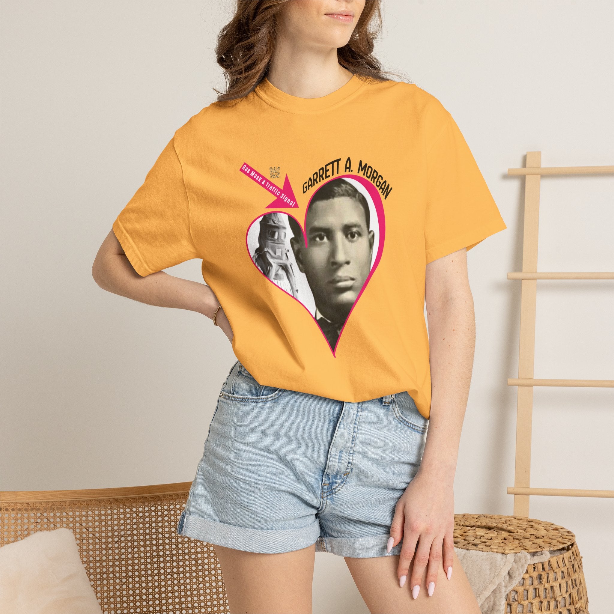 Garrett A. Morgan Oversize Heart Tribute Tee — Inventor of Traffic Signal & Gas Mask with QR Bio