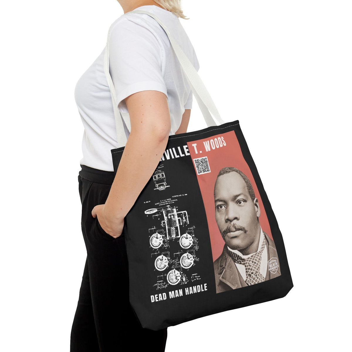 Granville T. Woods Historical Portrait Black Tote Bag (Trans/Dark Cerulean Block)