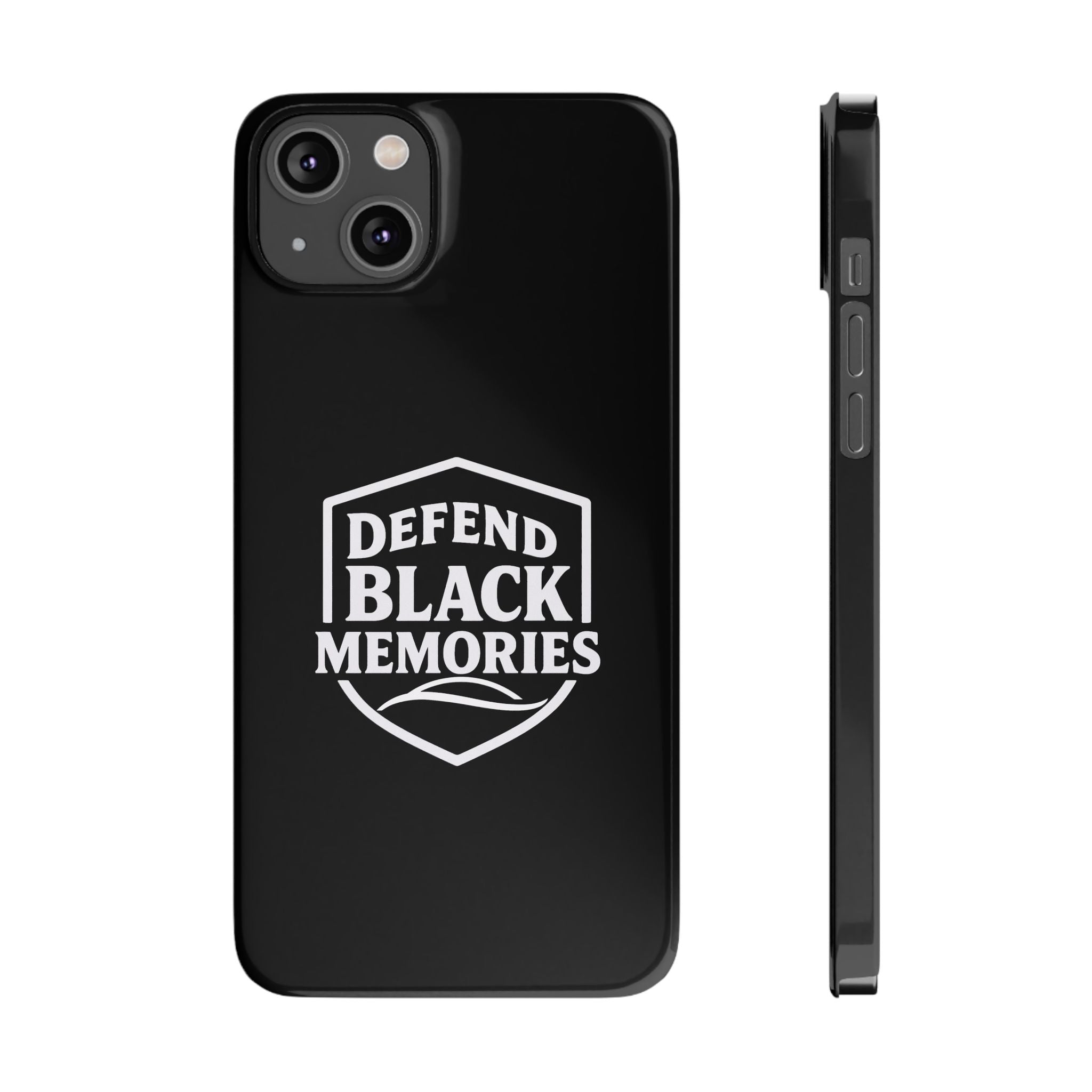 Defend Black Memories Slim Phone Case — Black Shield Typography Protective Cover
