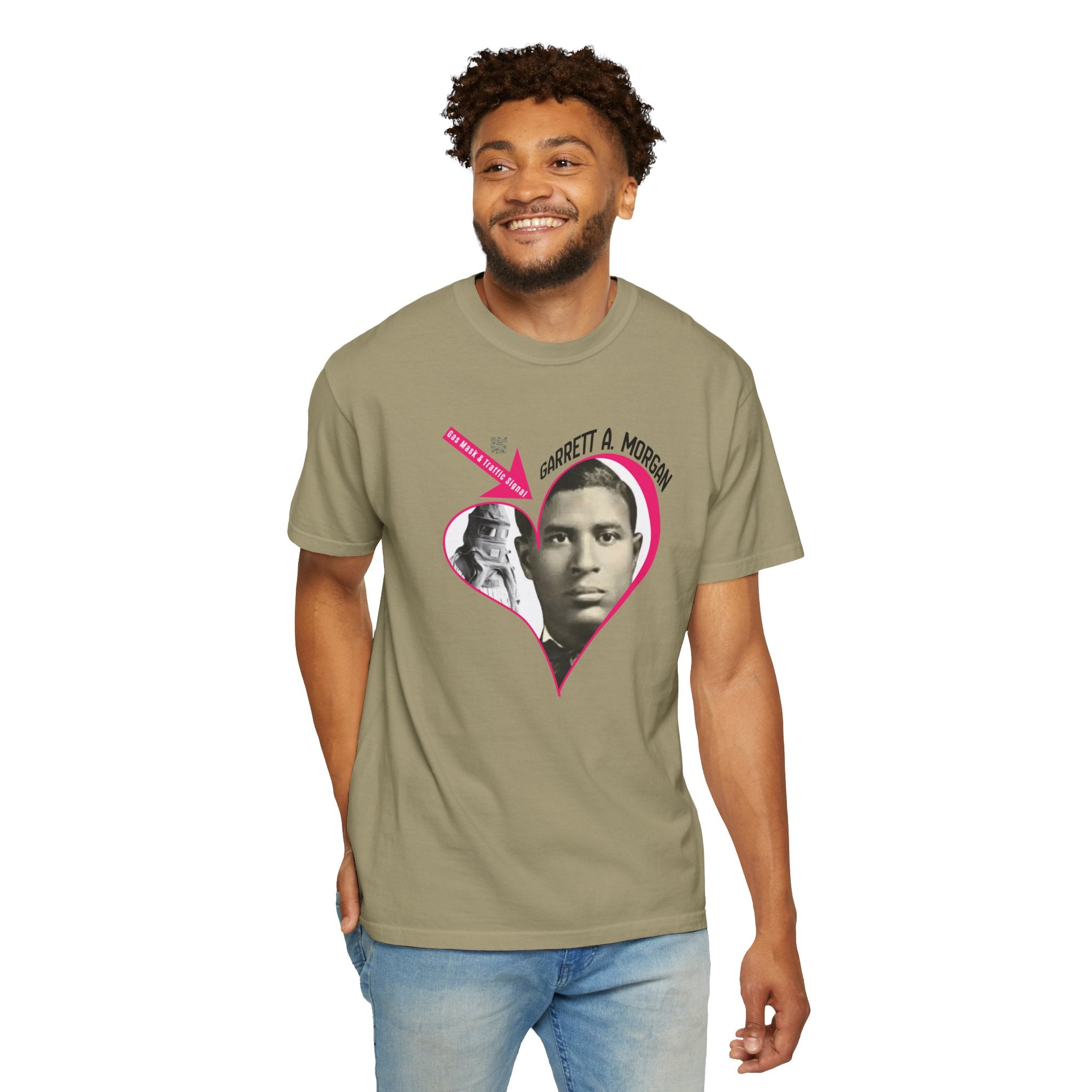 Garrett A. Morgan Oversize Heart Tribute Tee — Inventor of Traffic Signal & Gas Mask with QR Bio