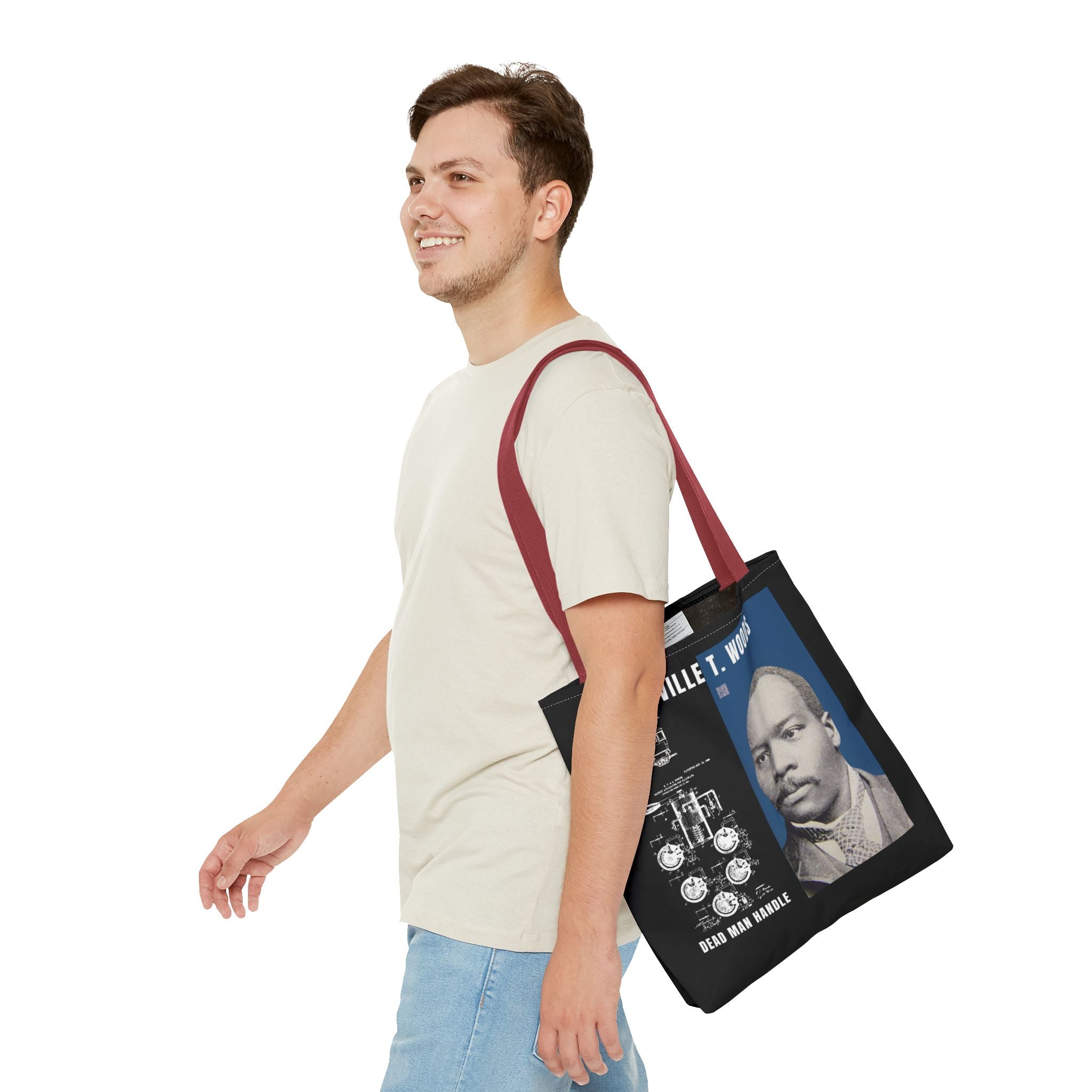 Granville T. Woods Historical Portrait Black Tote Bag (Trans/Dark Cerulean Block)