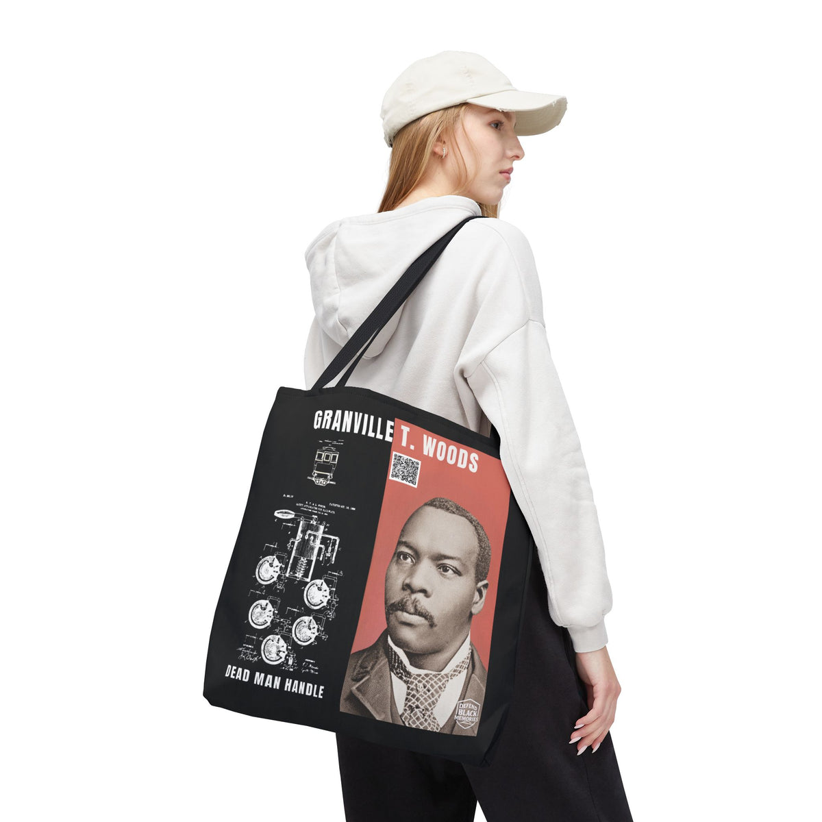 Granville T. Woods Historical Portrait Black Tote Bag (Trans/Dark Cerulean Block)