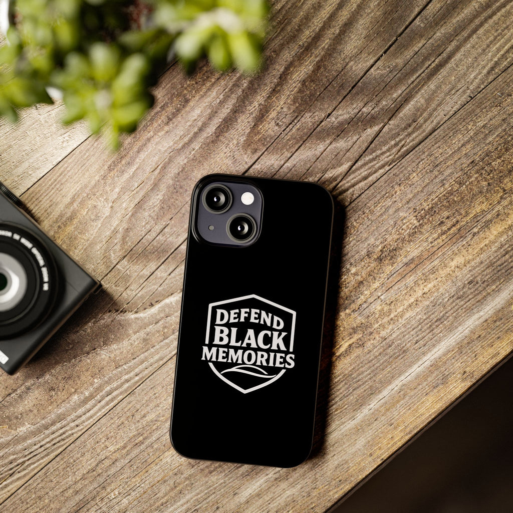 Defend Black Memories Slim Phone Case — Black Shield Typography Protective Cover