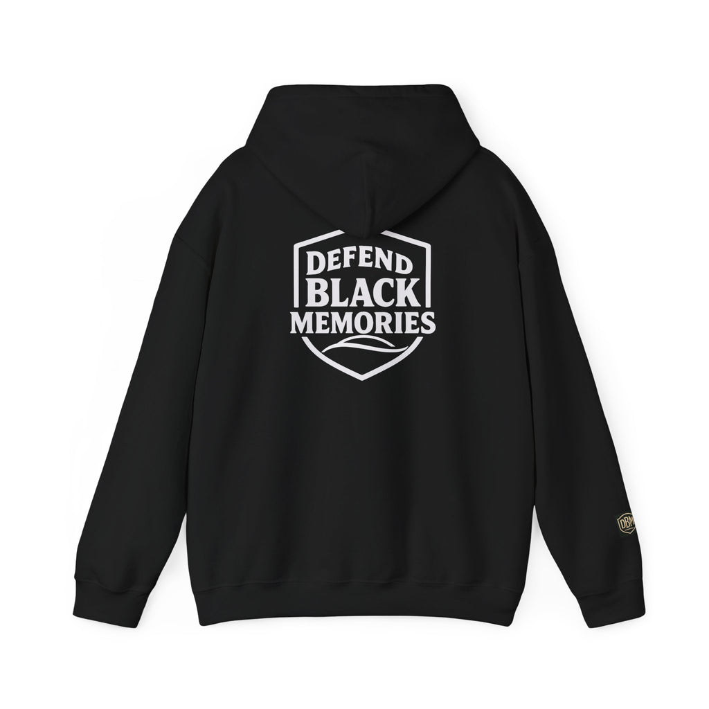 Defend Black Memories: Elijah McCoy Historical Black Portrait Big Back Logo Hoodie