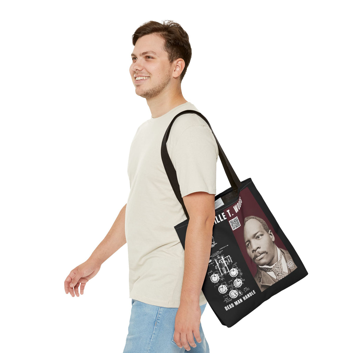 Granville T. Woods Historical Portrait Black Tote Bag (Trans/Brown Block)