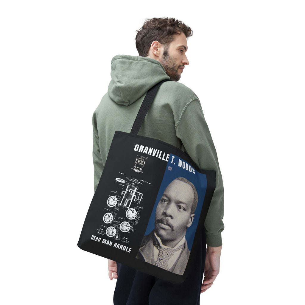 Granville T. Woods Historical Portrait Black Tote Bag (Trans/Dark Cerulean Block)
