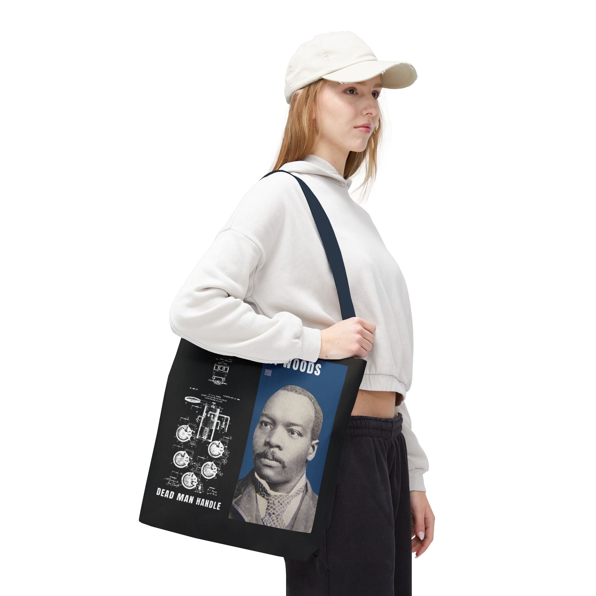 Granville T. Woods Historical Portrait Black Tote Bag (Trans/Dark Cerulean Block)