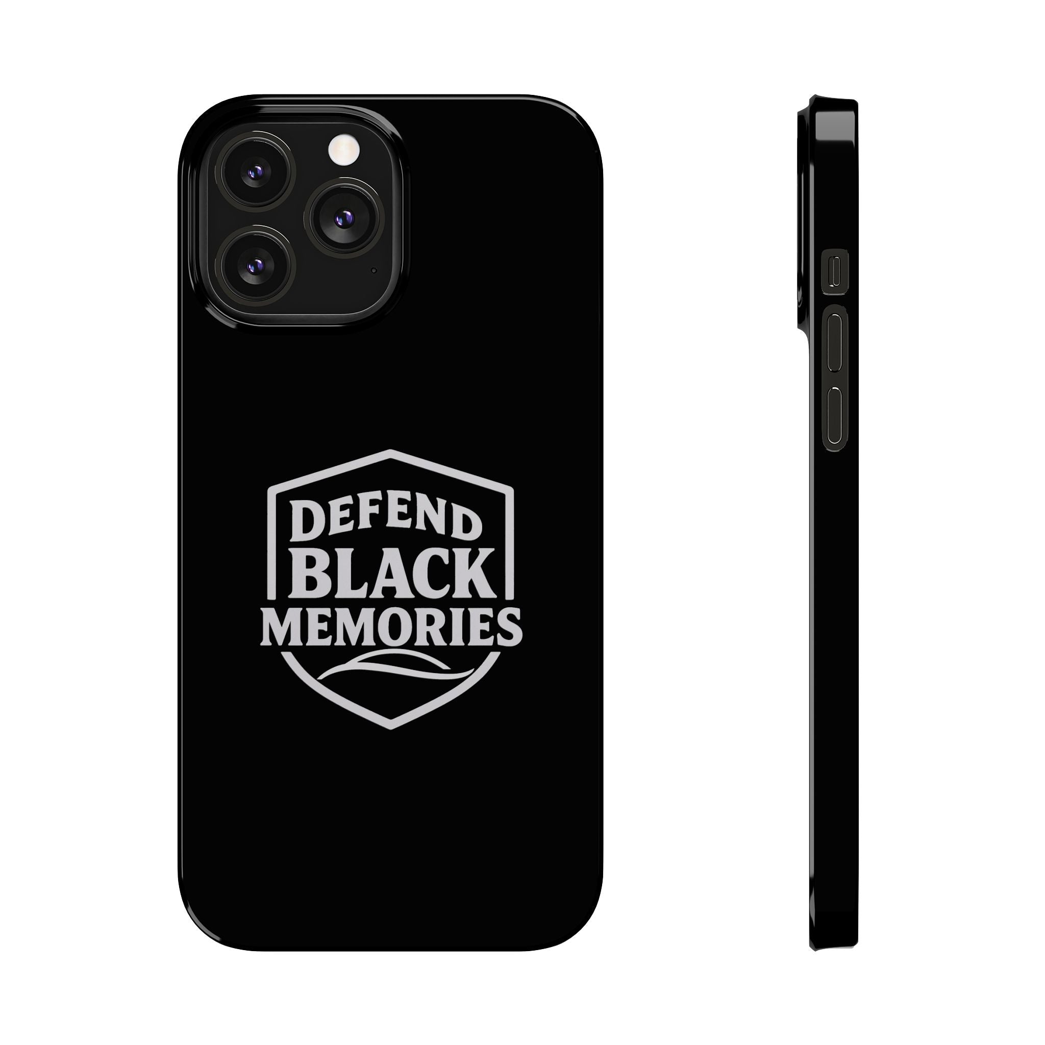 Defend Black Memories Slim Phone Case — Black Shield Typography Protective Cover