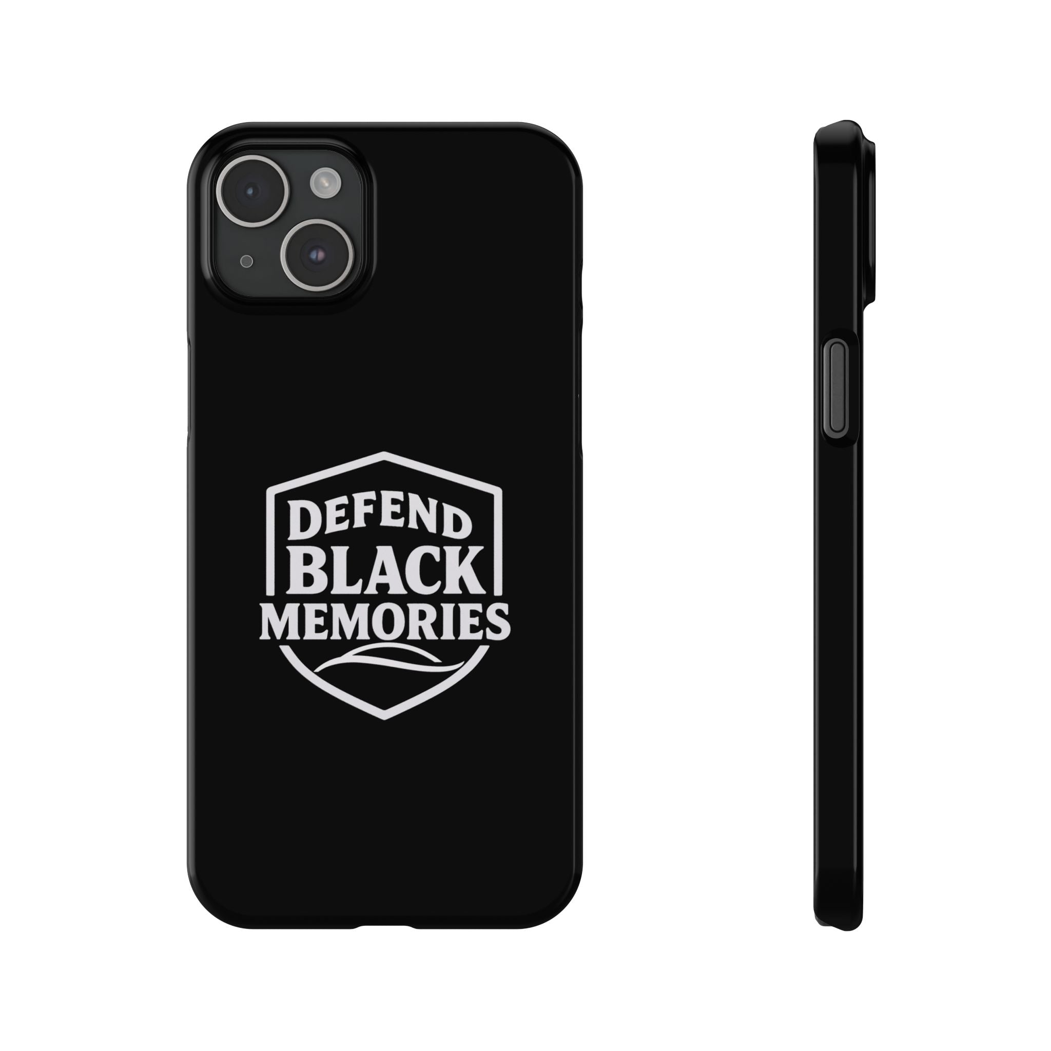 Defend Black Memories Slim Phone Case — Black Shield Typography Protective Cover