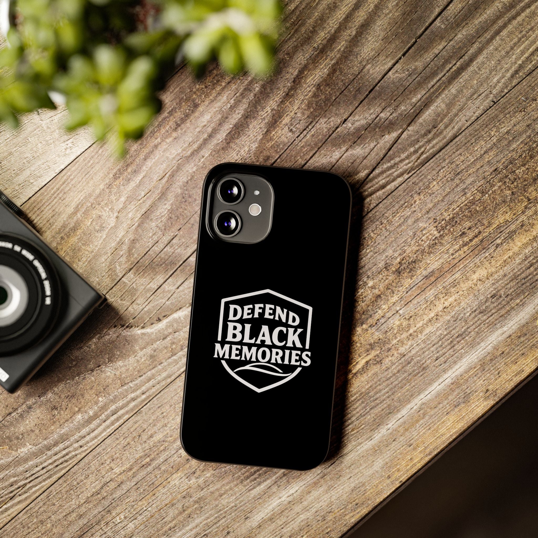 Defend Black Memories Slim Phone Case — Black Shield Typography Protective Cover