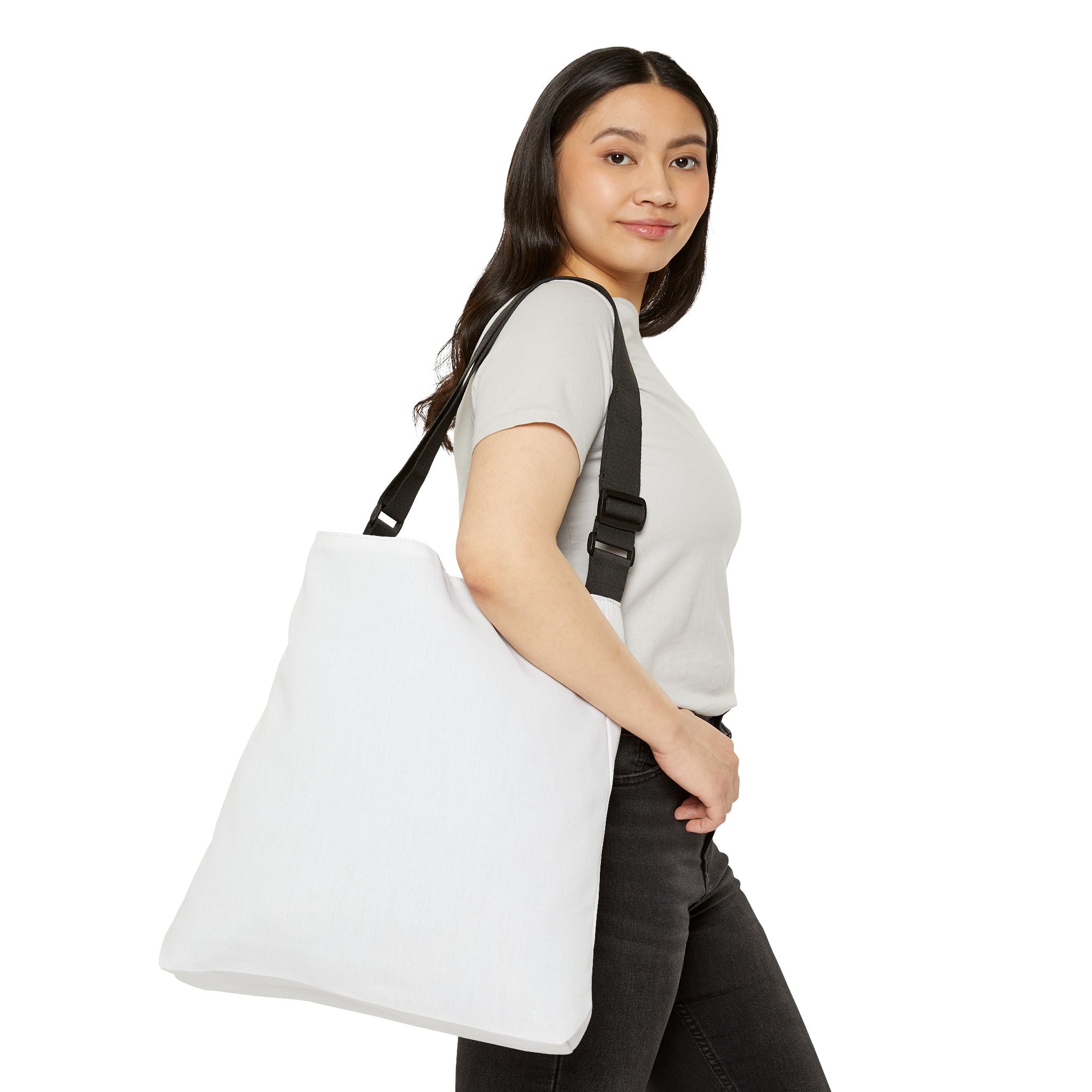 Adjustable Tote Bag — Simple White Tote with Black Logo