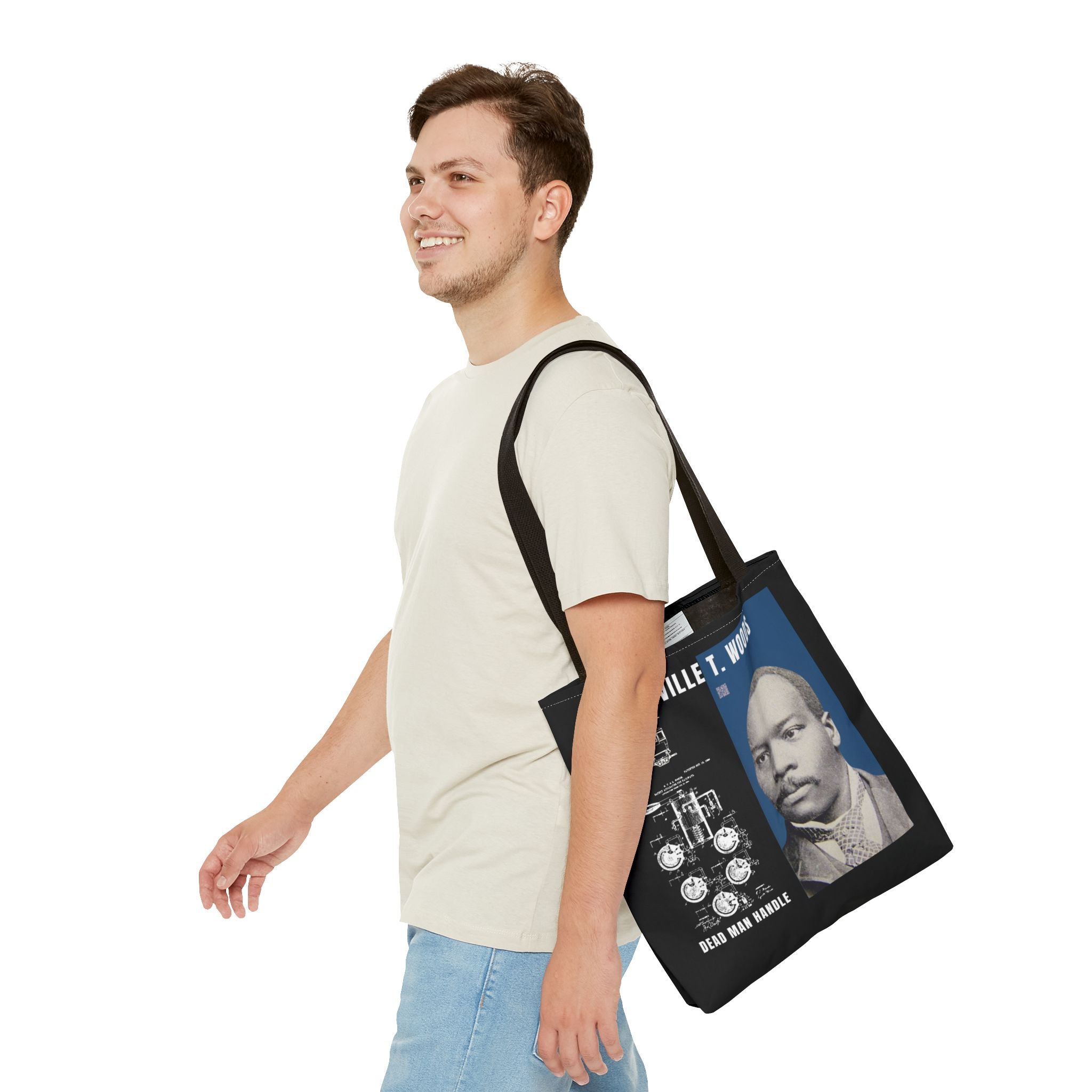 Granville T. Woods Historical Portrait Black Tote Bag (Trans/Dark Cerulean Block)