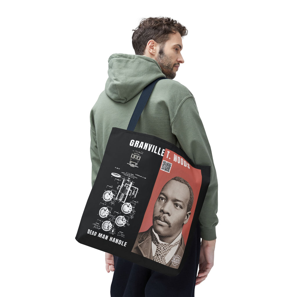 Granville T. Woods Historical Portrait Black Tote Bag (Trans/Dark Cerulean Block)