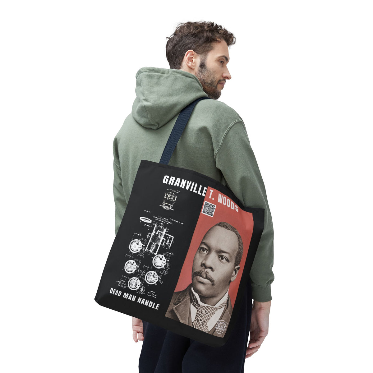 Granville T. Woods Historical Portrait Black Tote Bag (Trans/Dark Cerulean Block)