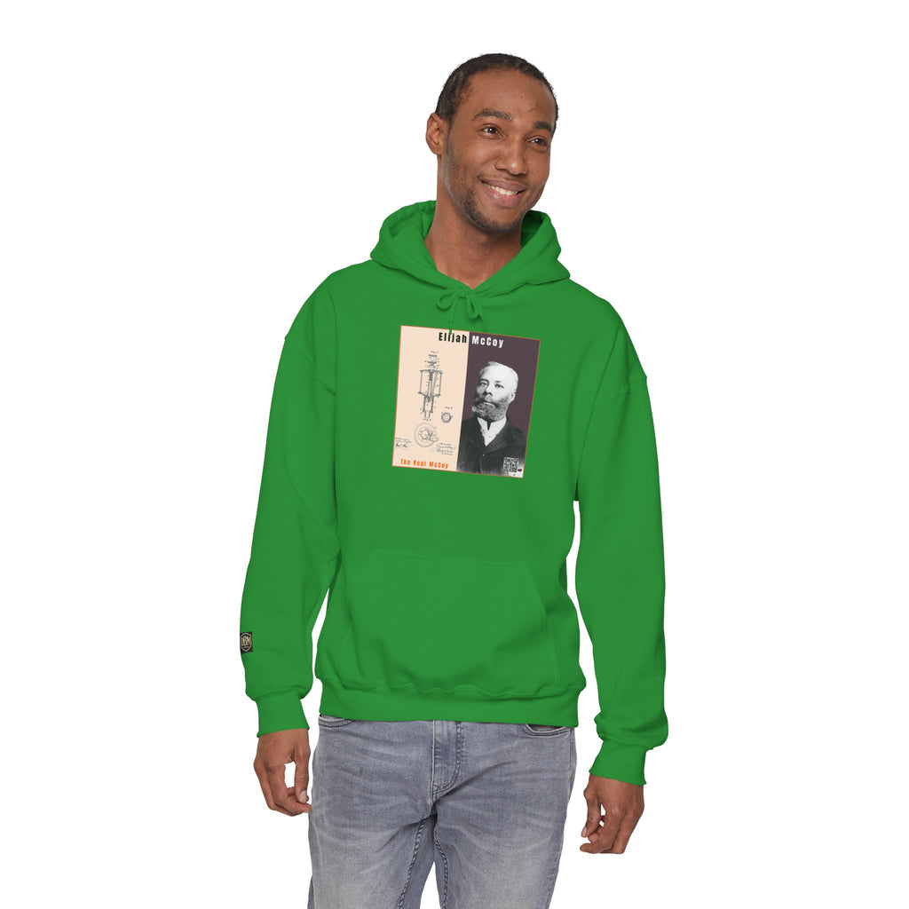 Defend Black Memories: Elijah McCoy Historical Black Portrait Big Back Logo Hoodie