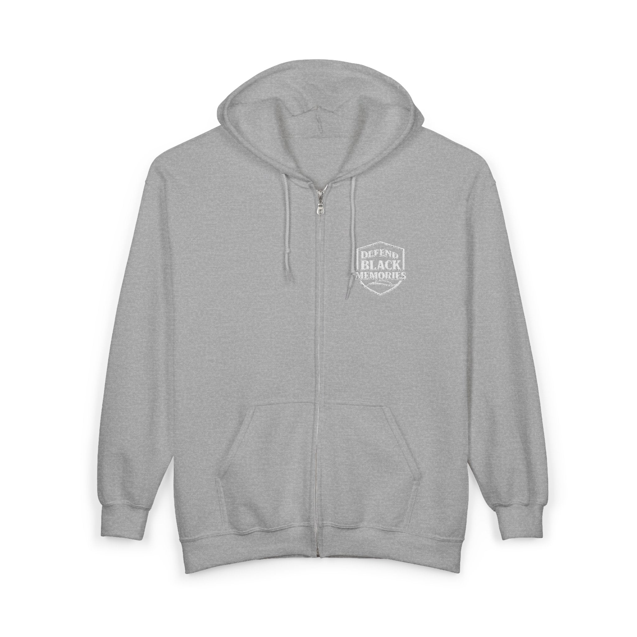 Defend Black Memories:Retro Shield Zip Hoodie — Minimal Crest Full-Zip Sweatshirt