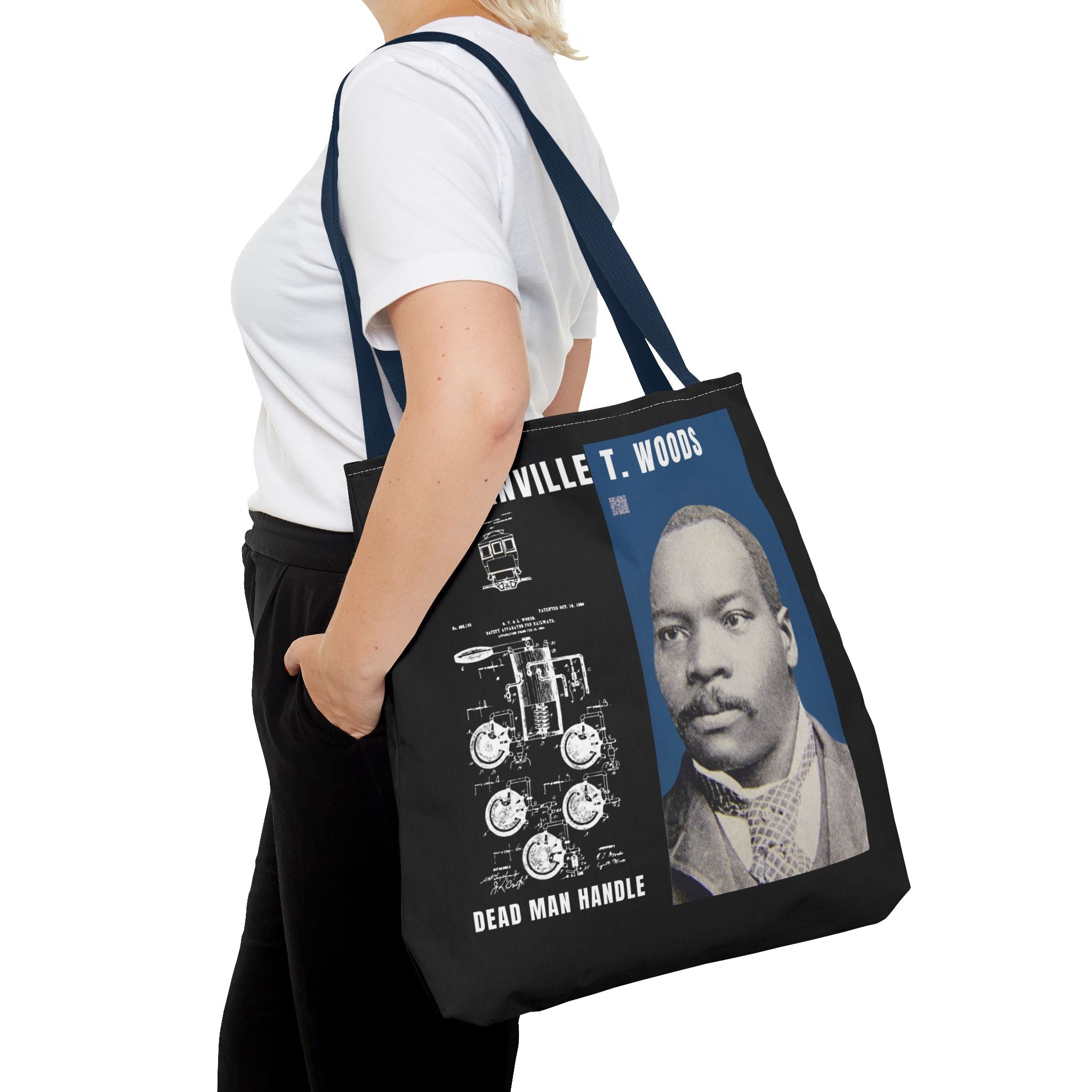 Granville T. Woods Historical Portrait Black Tote Bag (Trans/Dark Cerulean Block)