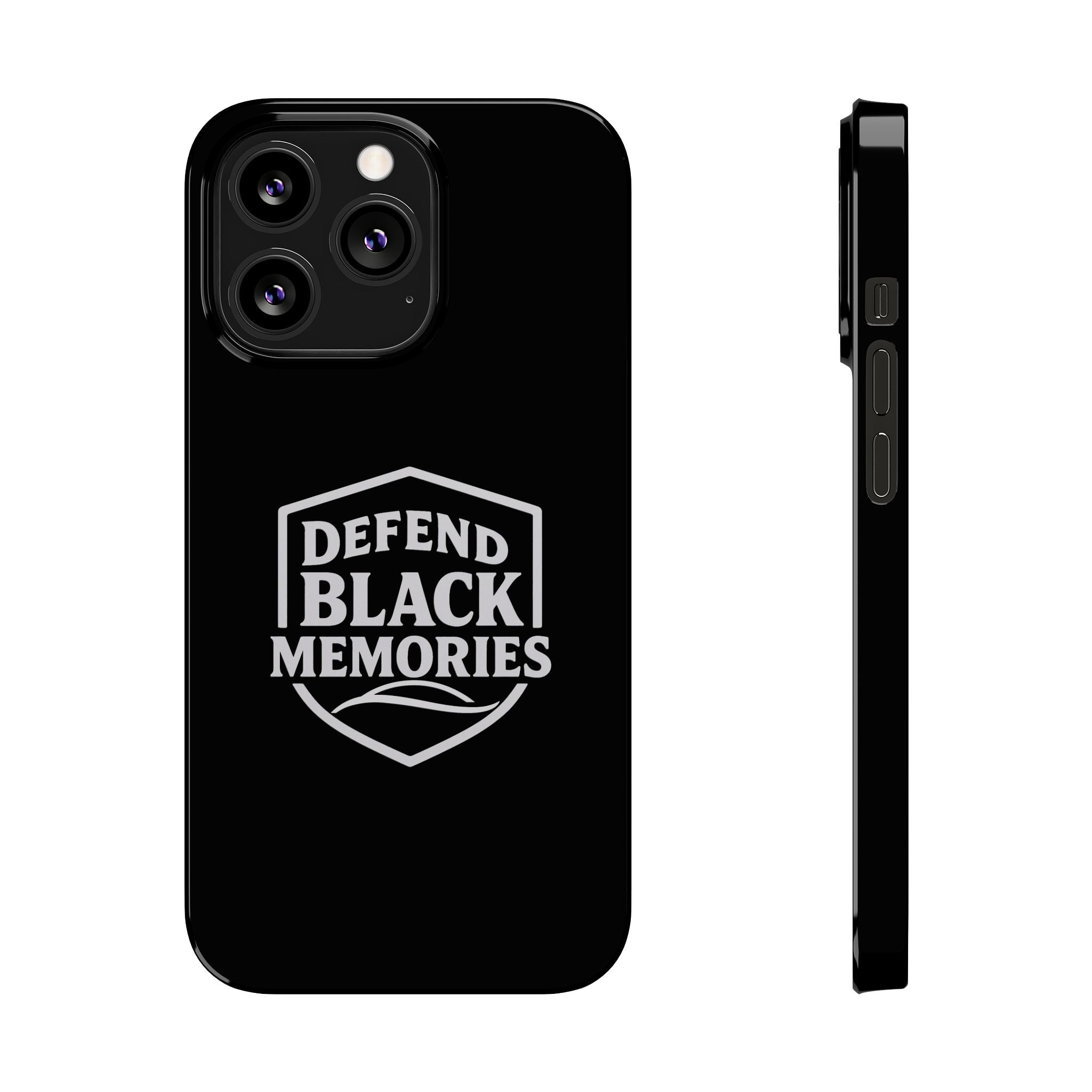 Defend Black Memories Slim Phone Case — Black Shield Typography Protective Cover