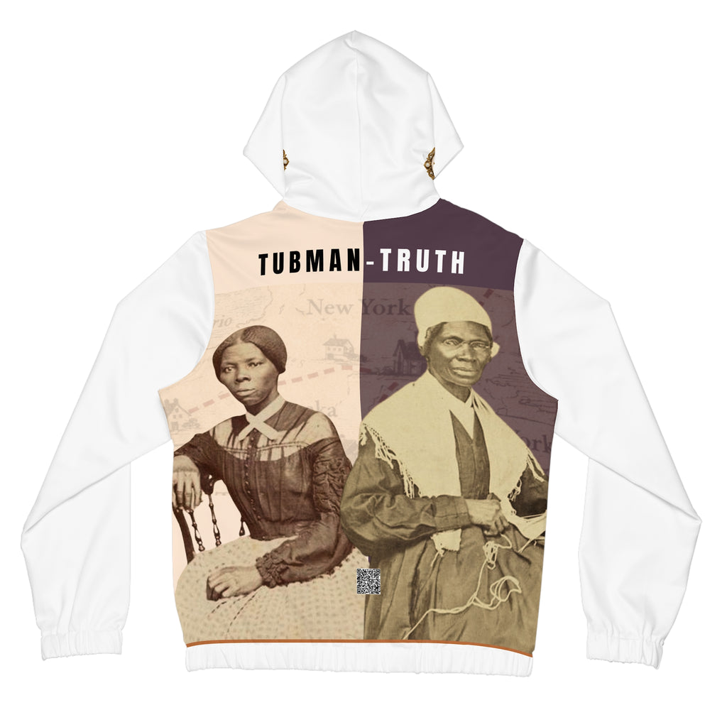 Tubman-Truth, Women's Full-Zip Hoodie with Full Back Graphic (White)