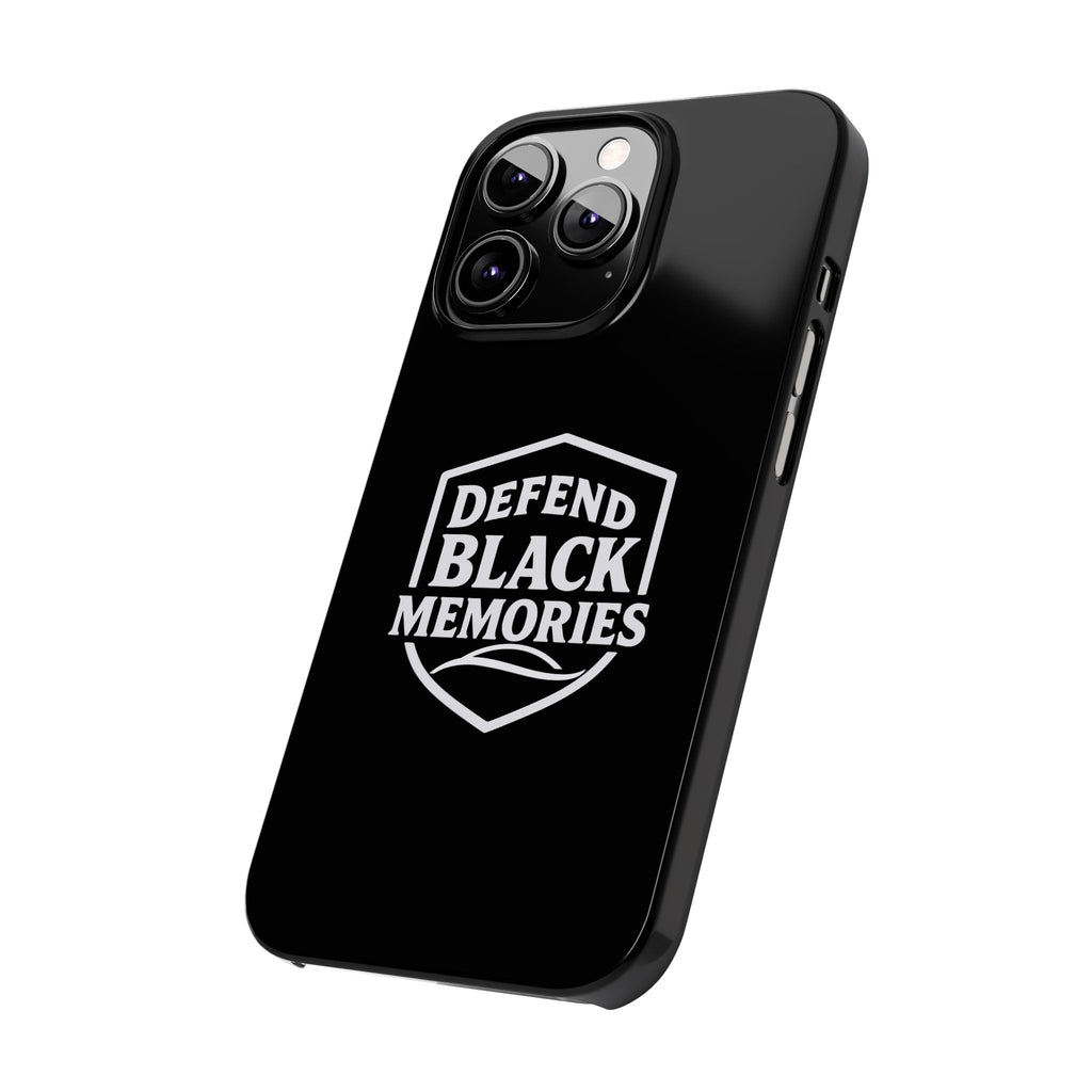 Defend Black Memories Slim Phone Case — Black Shield Typography Protective Cover